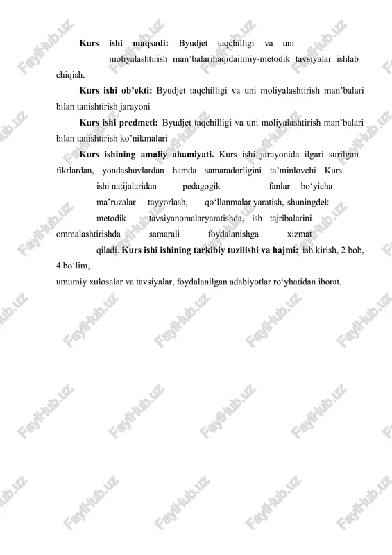 iy-iqtisodiy rivojlanishini moliyaviy mablag’lar bilan ta’minlashda, respublikamizda qabul qilingan ijtimoiy dasturlarni, birinchi navbatda, aholining ijtimoiy nochor tabaqalarini aniq tarzda qo’llab-quvvatlash, sog’lom avlodni tarbiyalash asosida aholi farovonligini oshirishga qaratilgan kuchli ijtimoiy siyosatning ta’sirchanligi va aniq tarzda moliyaviy qo’llab-quvatlashni kuchaytirishda mahalliy budjetlarni samarali ijrosining ahamiyati katta. bozor iqtisodiyotida davlatning moliyaviy resurslarni boshqarish ahamiyati beqiyos hisoblanadi, shu sababli respublikamizda davlat budjeti ijrosini amalga oshirishda g’aznachilik tizimiga o’tish zaruriyati paydo bo’lmoqda. i.bob. davlat byudjeti taqchilligi oqibatlari va ta’sir qiluvchi omillari 1.1. davlat byudjeti taqchilligi: sabablari va oqibatlari byudjet taqchilligi - bu har bir byudjet yili byudjet xarajatlarining uning daromadlaridan oshib ketishi summasi. byudjet profitsiti - bu har bir byudjet yili byudjet daromadlarining uning xarajatlaridan oshib ketadigan summasi. to'liq muvozanatli davlat byudjeti, ya'ni muvozanatsiz byudjet faqat nazariy jihatdan mumkin.byudjet loyihasi muvozanatli bo'lsa ham, uni amalga oshirish jarayonida tenglikni ta'minlash deyarli mumkin emas. budjet taqchilligining ijobiy va salbiy tomonlarini ajratib ko'rsatish. boshqa tomondan, kam moliyalash siyosati …
