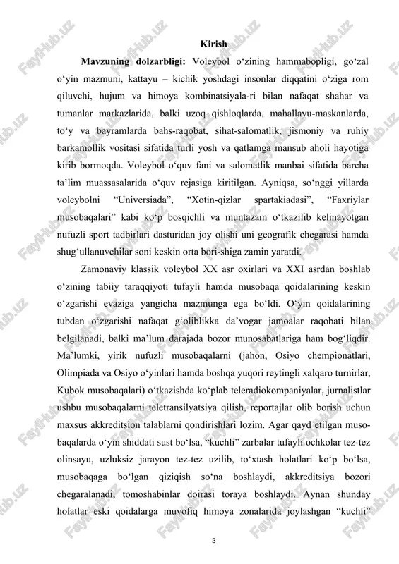 ridan zarba berish diagonal sakrash sifatini o‘zlashtirish zarurligiga e’tibor qaratdi, “libero” o‘yinchisini ta’sis etilishi himoyani yanada kuchaytirdi, yugurib kelib sakrab to‘p kiritish hujumkorlik sur’atini oshirdi va hokazo. ushbu o‘zgarishlar natijasida vujudga kelgan yangi o‘yin elementlari, maxsus sifatlar, harakat usullari o‘quv-trenirovka mashg‘ulotlari mazmuniga yangicha yondashish, tarkibiga yangi mashqlarni kiritish va mashg‘ulot musobaqa birligini ta’minlash muhimligini belgilaydi. bunday zaruriyat so‘nggi yillarda olingan rasmiy ma’lumotlarga asoslanadi. chunonchi, jahon voleyboli nazariyasi va amaliyotida o‘zlarining qator funda-mental ilmiy tadqiqotlari bilan tanilgan yu.d.jeleznyak, t.ya.shinulin va o.e.serdyukovlarning ilmiy kuzatuvlari natijalariga ko‘ra, zamonaviy voleybol borgan sari o‘yin mazmuni jihatidan yangicha texnik usullar, taktik xususiyat va “eskicha” voleyboldan tubdan farq qiluvchi texnik-taktik yo‘nalishlar hisobiga o‘zgarib bormoqda. yugurib kelib sakrab katta “portlovchi-inersion kuch” bilan to‘p kiritish usulining keng joriy etilishi to‘pni samarali qabul qilish imkoniyatini keskin chegaralab qo‘ydi. bu esa raqib jamoani maqsadli hujum uyushtirish unum-dorligini tushirib yubordi. birinchi “to‘pni” qabul qilish va uzatish usullariga qoidani deyarli qo‘llanilmasligi o‘rtacha shiddatda …