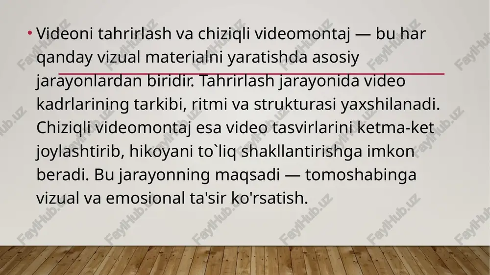 . kadrlar orasidagi o'tishlar, hikoya ritmi va vaqtni boshqarish, tomoshabinning e'tiborini saqlash uchun juda muhimdir. har bir kadrni ehtiyotkorlik bilan kesib, kerakli qismlarni tanlash va joylashtirish kerak. tahrir jarayonida kadrlar o'rtasidagi musiqali yoki vizual o'tishlar ham muhim rol o'ynaydi. videomontaj ssenariy asosida amalga oshiriladi. ssenariy — bu videoning asosiy g'oyasini va strukturasini belgilovchi hujjatdir. ssenariyda kadrlar o'rtasidagi o'tishlar, shuningdek, hikoyaning rivojlanish yo'nalishi keltiriladi. tahrirlash jarayonida ssenariyga asoslanib, videoni qayta ishlash va unga xos vizual effektlar qo'shish mumkin. ssenariy videoning yakuniy sifatini belgilaydi. badiiy tahrir – bu videoda tasvir va ovoz orqali tomoshabinga ta'sir ko'rsatish usulidir. effektlar yordamida video hissiyotlarni kuchaytirish, dramatik tuyg'ularni yaratish mumkin. ranglar, yorug'lik va kontrast kabi elementlar badiiy tahrirning asosiy vositalaridir. shuningdek, video tafsilotlarini boshqarish va tomoshabinga xos tajriba yaratish uchun turli vizual va audio effektlar qo'llaniladi. rang korreksiyasi videonun vizual sifatini yaxshilash uchun muhim ahamiyatga ega. ranglar orqali video atmosferasi o'zgarishi mumkin. rangni to'g'ri tanlash tomoshabin …