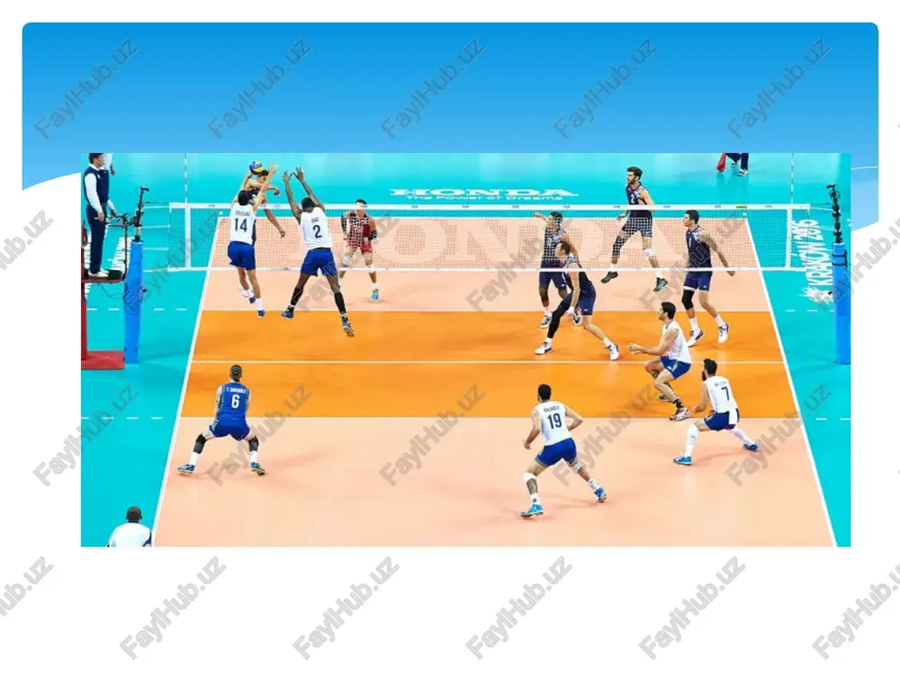 kerak va zaruriyat bo'lsa ta'minotni oshirish talab qilinishi shart. o'yinning mohiyati va mazmuni voleybol maxsus maydonchaning o'rtasidan to'r bilan ajratilgan qismlarida 2 jamoaning to'p vositasida musobaqalashuvidan iborat sport o'yinidir. o'yinning maqsadi - to'pni to'r ustidan raqib maydonchasiga tushirish va raqibning aynan shunday harakatiga yo'l qo'ymaslikdan iborat. bunda jamoa to'p bilan 3 marta o'ynash huquqiga ega (to'siq qo'yishdan tashqari). o'yin to'pni o'yinga kiritish usuli bilan boshlanadi: to'p kirituvchi o'yinchi zarb bilan to'pni to'r ustidan raqib jamoa maydonchasi tomonga yo'naltiradi. to'p maydon chiziqlari chegarasidan chiqib, yerga tushguncha yoki jamoa o'yinchisi xatoga yo'l qo'yguncha o'yin davom etadi. voleybolda har bir o'yin vaziyatining natijasi, to'p qaysi tomondan kiritilganligidan qat'iy nazar, ochko bilan tugallanadi. inshootlar va uskunalar o'yin maydoni. o'yin maydoni 18x9 m lik to'g'ri to'rtburchak shaklida bo'ladi. o'yin maydonining yuzasi tekis, gorizontal va bir xil bo'lishi hamda o'yinchilar uchun hech qanday jarohat olish xavfini tug'dirmasligi lozim. maydondagi chiziqlar. barcha chiziqlarning kengligi 5 sm. o'yin …