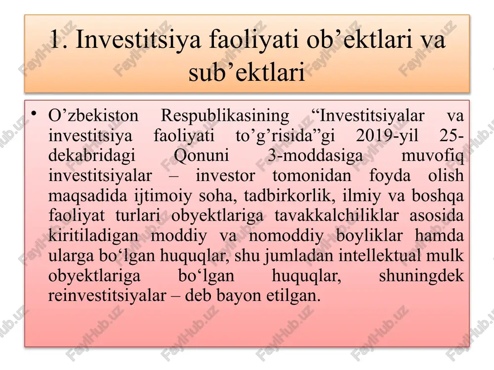 ati yo’nalishlari va shakllari investitsiya faoliyatini tashkil etishda har bir mulk egasi ishbilarmonlikni, tadbirkorlikni mohiyatini chuqur anglagan holda ish yuritishi lozim. investitsiya faoliyati bilan shug’ullanuvchi mulk egasi tez o’zgaruvchan bozor iqtisodiyoti va uning ko’pqirrali munosabatlarini har tomonlama anglay bilishi lozim. investitsiya faoliyatini yuritishda iqtisodiy axborotga tanlangan soha bir butun iqtisodiyot va mamlakat miqyosida marketing bilimlariga ega bo’lishi alohida ahamiyatga ega. chunki barqarorlashmagan iqtisodiyotda investor pul muomalasi, moliya kredit va banklar, soliq siyosati mohiyatini chuqur bilmay turib, investitsiya faoliyatini tashkil etish tavakkalchilik bilan bog’liq bo’lib, qisqa davr ichidagi inqirozga uchrashi mumkin. investitsiya faoliyatini muvofiqlashtirishning muhim yo’nalishida qulay sharoitlar yaratishga qaratilgan. avvalambor, ijtimoiy rivojlantirish, ishlab chiqarishni texnik jihatdan takomillashtirish, yangilik va ixtirolarni tatbiq etish asosida ijtimoiy talablarni qondirishga qaratilgan. bu borada muvofiqlashtirishni tashkil etish investitsiya faoliyatini sharoitlarini aniqlash yo’li bilan hamda davlat investitsiyalarini boshqarish bilan birga olib boriladi. davlat tomonidan investitsiya faoliyati sharoitlarini muvofiqlashtirish bir qator tadbir va choralarni qo’llash va hayotga …