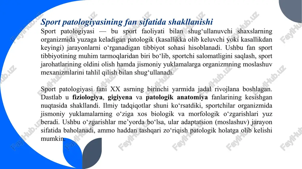 tdan keyingi tiklanish jarayonlarini ilmiy asosda tashkil etish patologiya qonuniyatlarini chuqur bilishni talab etadi. shu bois zamonaviy sport tibbiyotida patologik diagnostika, laborator tahlillar, fizioterapiya va tiklovchi mashg‘ulotlar uyg‘un holda qo‘llaniladi. umuman olganda, patologiyaning sport tibbiyotidagi o‘rni — sportchilar sog‘lig‘ini saqlash, ularning jismoniy imkoniyatlarini to‘liq namoyon etish va sport faoliyati davomida yuzaga keladigan kasalliklarning oldini olishda beqiyos ahamiyatga ega. 8 sport patologiyasining predmeti va vazifalari sport patologiyasining predmeti — bu sport bilan shug‘ullanuvchi shaxslarning organizmida jismoniy yuklama, musobaqa jarayoni, shikastlanish yoki boshqa tashqi omillar ta’sirida yuzaga keladigan patologik (kasallikka olib keluvchi yoki kasallikdan keyingi) o‘zgarishlarni o‘rganishdir. ya’ni, sport patologiyasi inson organizmida me’yordan og‘ish holatlarini aniqlash, ularning kelib chiqish sabablari va rivojlanish mexanizmlarini tahlil qiladi. sport patologiyasining asosiy maqsadi — sportchi organizmining sog‘lomligini ta’minlash, turli kasalliklar, jarohatlar va zo‘riqish holatlarini erta aniqlash hamda ularning oldini olishdir. bu fan sport tibbiyotining ilmiy asosini tashkil etib, sport faoliyatining xavfsizligini oshirishga xizmat qiladi. 9 sport …