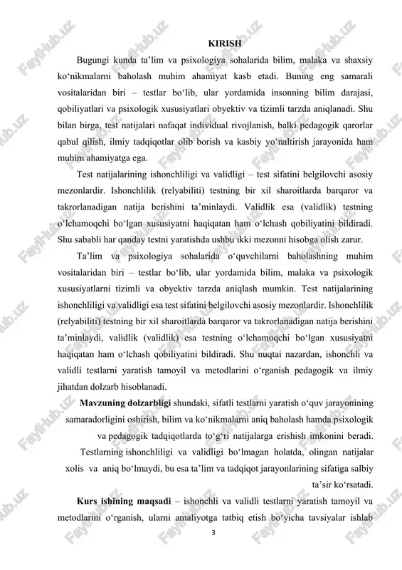 tandartlar metodologik asos sifatida hisobga olingan. i bob. testlarning ishonchliligi va validligi 1.1. test tushunchasi va testologiyaning rivojlanishi test tushunchasi zamonaviy ta’lim va psixologiya sohalarida keng qo‘llaniladigan asosiy baholash vositalaridan biridir. test – bu o‘quvchi yoki shaxsning ma’lum bir bilim, ko‘nikma, qobiliyat yoki psixologik xususiyatlarini tizimli va standartlashtirilgan tarzda aniqlash imkonini beruvchi vositadir. testlar nafaqat ma’lumotni tezkor va obyektiv tarzda yig‘ish, balki ta’lim jarayonida bilim va ko‘nikmalarni baholash, shuningdek, pedagogik qarorlar qabul qilishda ham muhim rol o‘ynaydi. test tushunchasi dastlab psixologiya sohasida shakllangan bo‘lsa-da, hozirda u ta’lim, ijtimoiy fanlar va hatto kasbiy yo‘naltirish jarayonlarida ham keng qo‘llaniladi. testlar yordamida shaxsning individual xususiyatlari, qobiliyat darajasi va pedagogik ehtiyojlari aniq belgilanishi mumkin. shu sababli testologiya – testlarni ishlab chiqish, sinash va baholashni o‘rganadigan ilmiy yo‘nalish sifatida shakllangan. testologiyaning rivojlanishi tarixiy jihatdan xx asr boshlaridan boshlanadi. birinchi ilmiy testlar asosan psixologik xususiyatlarni o‘lchashga qaratilgan bo‘lib, ular intellektual qobiliyatlarni baholash uchun yaratilgan. masalan, alfred …