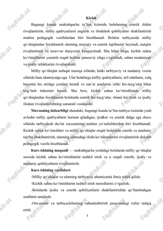 kasining “ta’lim to‘g‘risida”gi qonuni, maktabgacha ta’lim konsepsiyasi, shuningdek, estetik tarbiya, musiqa pedagogikasi va bolalar psixologiyasi bo‘yicha tadqiqotlar tashkil etadi. xususan, a.v. bakushinskiy, d.b. kabalevskiy, n.a. vetlugina va boshqa olimlarning musiqiy va estetik tarbiya sohasidagi ilmiy ishlari ishning nazariy asosini tashkil qiladi. ushbu kurs ishining tarkibiy tuzilishi: ushbu kurs ishi kirish, 2 bob, 8 boʻlim, xulosa va foydalanilgan adabiyotlar roʻyxatidan iborat. i bob: milliy qo‘shiqlarning maktabgacha ta’limdagi o‘rni va ahamiyati 1.1. milliy qo‘shiqlarning tarbiyaviy va estetik ahamiyati milliy qo‘shiqlar bolalarning tarbiyasi va estetik dunyoqarashini shakllantirishda muhim vosita hisoblanadi. ular nafaqat musiqa sifatida, balki milliy madaniyat va urf-odatlarni yetkazuvchi vosita sifatida ham alohida ahamiyatga ega. bolalar milliy qo‘shiqlarni eshitganida, o‘zlarining hissiyotlarini uyg‘otadi, ritmni his etadi va so‘zlar orqali madaniy meros bilan tanishadi. shu jarayon ularning estetik didini rivojlantiradi va go‘zallikni anglash qobiliyatini oshiradi. milliy qo‘shiqlar tarbiyaviy nuqtai nazardan ham katta ahamiyatga ega. ular bolalarda vatanparvarlik, mehr-shafqat, hurmat va do‘stlik kabi ijtimoiy qadriyatlarni …