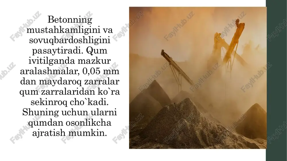 chun ularni qumdan osonlikcha ajratish mumkin. slayd 4, chang va loyni ajratish tartibi: massasi o`zgarmas bo`lguncha quritilgan va elangan namunadan tarozida 1000 gr tortib olinib idishga solinadi va ustiga suv quyiladi. suv sathi qum qatlamidan taxminan 200 mm balandlikda bo`lishi kerak. so`ngra 2 slayd 5, yiriklik moduli deb, qum, shagʻal (graviy) va ularning aralashmalari kabi donli materiallarning yiriklilik darajasini tavsiflovchi empirik oʻlchamsiz koʻrsatkichga nisbatan aytiladi. yiriklik modulini hisoblashda, standart elaklar orqali elaklan slayd 6, qumning yiriklik modulini aniqlashda 5 mm li elakdan o`tgan namunadan 1000 gr olinadi va elak ko`zlari o`lchami kamayishiga qarab muayyan tartibda ustma-ust o`rnatiladi. bunda ko`zlari dumaloq, diametri mm bo`lgan elak eng ustida bo`ladi va 1,25 slayd 7, g`alvirlardan toza qog`ozga 1 daqiqada tushgan qum miqdori namuna umumiy massasining 0,1 % dan oshmasa nihoyasiga yetgan hisoblanadi. har bir g`alvirda qolgan qoldiqlar % da hisoblanadi. slayd 8, chaqiqtosh - qattiqligi jihatidan tog` jinslarining yirik bo`laklarini chaqib, maydalash bilan …