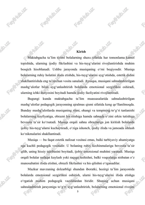 da muhim ahamiyat kasb etadi. shu boisdan, musiqaning badiiy-estetik va tarbiyaviy imkoniyatlaridan foydalanib, bolalarda ijobiy emotsional muhit yaratish bugungi maktabgacha ta’lim jarayonining dolzarb masalalaridan biridir. kurs ishining maqsadi-musiqa orqali sahnalashtirish mashg‘ulotlarida bolalarning emotsional sezgirligini oshirish, ularning his-tuyg‘ularini badiiy ifoda etish imkoniyatlarini aniqlash va bu jarayonda musiqaning pedagogik hamda psixologik ta’sirini o‘rganish. kurs ishining vazifalari 1. musiqa orqali sahnalashtirish jarayonining nazariy asoslarini o‘rganish. 2. maktabgacha yoshdagi bolalarda emotsional sezgirlikni shakllantirish jarayonini tahlil qilish. 3. musiqa vositasida sahnalashtirilgan mashg‘ulotlarda emotsional ta’sirni kuchaytiruvchi metodlarni aniqlash. 4. pedagogik tajriba asosida musiqaning bolalar emotsional rivojiga ta’sirini o‘rganish. 5. sahnalashtirish jarayonida musiqaning tarbiyaviy va estetik imkoniyatlaridan foydalanish bo‘yicha tavsiyalar ishlab chiqish. kurs ishining predmeti-musiqa orqali sahnalashtirilgan mashg‘ulotlarda bolalarning emotsional rivojlanish jarayoni. kurs ishining obyekti-maktabgacha yoshdagi bolalarda musiqa orqali sahnalashtirish faoliyati. kurs ishining metodologik asosi-kurs ishining metodologik asosini o‘zbekiston respublikasi prezidentining ta’lim va tarbiya sohasidagi farmon va qarorlari, “maktabgacha ta’lim to‘g‘risida”gi qonun, “ilk va maktabgacha yoshdagi bolalar …