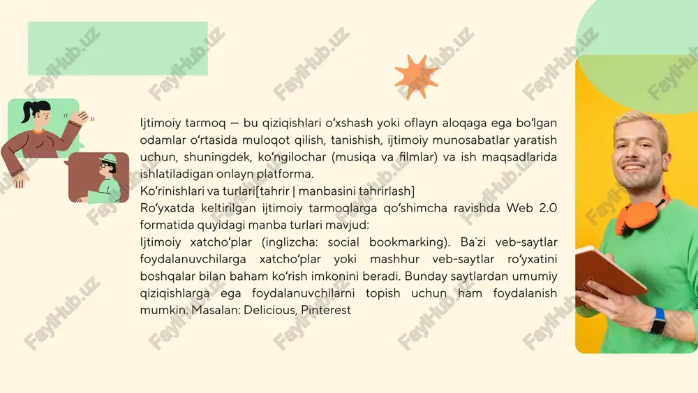i, bu keyingi sanoqli yillarda bir necha oʻnlab shunga oʻxshash xizmatlarning paydo boʻlishiga olib keldi. lekin ijtimoiy tarmoq „portlash“ining rasmiy boshlanishi 2003-2004-yillarda aqshda linkedin, myspace va facebook ishga tushirilgani hisoblanadi[6]. internetning rus tilida soʻzlashuvchi segmentida odnoklassniki va vkontakte koʻrinishidagi ijtimoiy tarmoqlar 2006-yildan beri ommalasha boshladi (facebook saytining ruscha versiyasi faqat 2008-yilda paydo boʻlgan). ijtimoiy tarmoqlarda reklama[tahrir | manbasini tahrirlash] ijtimoiy tarmoqlar kuchli marketing tadqiqotlari vositasidir, chunki foydalanuvchilar oʻzlari, qarashlari, qiziqishlari, didlari va hokazolar haqidagi maʼlumotlarni ixtiyoriy ravishda joylashtiradilar. shundan kelib chiqib, reklama beruvchilar ularning reklamasi qaysi foydalanuvchilarni qiziqishtirishini juda aniq belgilashlari va oʻz reklamalarini profillaridagi maʼlumotlarga (yoshi, jinsi, yashash joyi va boshqalar) qarab aniq foydalanuvchilarga yoʻnaltirishi mumkin. ushbu turdagi reklama maqsadli deb ataladi. ijtimoiy tarmoqlarda reklama bozori barqaror oʻsib bormoqda. 2007-yildagi emarketer maʼlumotlariga koʻra, u 1,225 milliard dollarga yetgan. hisobotni tuzishda emarketer mutaxassislari ijtimoiy tarmoqlarda joylashtirilgan reklamaning barcha turlarini, shu jumladan, displey, kontekstli, audio va video reklamalarni, shuningdek, marketologlar ijtimoiy …