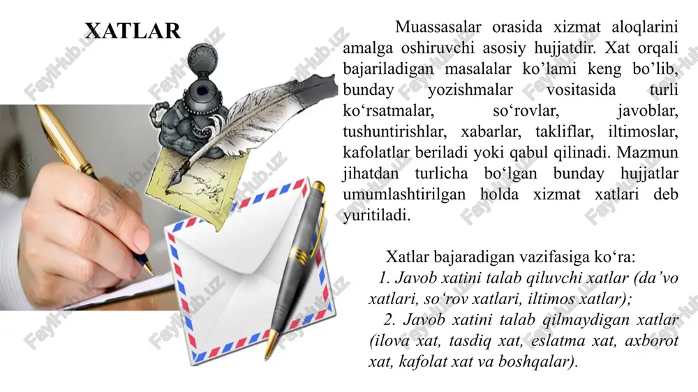 y qismlari: 1. xat oluvchi tashkilot va mansabdor shaxsning nomi 2. matn 3. ilova (zarur bo‘lgan hollarda) uchinchi shaxs tilida ifodalansa, rasmiy tusga ega bo‘ladi. kafolat xati muayyan bir shaxs yoki va’dani tasdiqlash maqsadida tuziladi. u idoraning xos qog‘oziga yoziladi. kafolat xati korxona rahbari tomonidan imzolanadi. kafolat xatining asosiy xususiyati bu xat yo‘llanayotgan shaxsga to‘g‘ridan-to‘g‘ri murojaat qilish bilan boshlanishi mumkinligidir. hurmatli_________! “transport unversiteti” iqtisodiyot fakulteti sizga buxgalteriyani o‘rgatish bo‘yicha mashg‘ulotlar olib borishingiz uchun barcha sharoitlarni yaratishga va o‘zaro shartnoma asosida haq to‘lashga kafolat beradi. transportunversiteti direktori (imzo) ___________ bosh hisobchi (imzo) ____________ kafolat xati ma’lum bir muassasa tomonidan yuborilgan iltimos va so’rovlarga jovob tarzida yoziladigan xat tasdiq xat javob talab qiladigan bunday yozishmalarda ma’lumotlar , hujjatlar yoki boshqa zarur narsalar so‘raladi. birgina xatda turli masalalarga doir bir necha so‘rov aks etmasligi, unda bayon qilinayotgan masalalar aniq va ravshan ifodalanishi lozim. faqat shu xildagina yo‘llangan so‘rovga tez va mukammal javob olish …