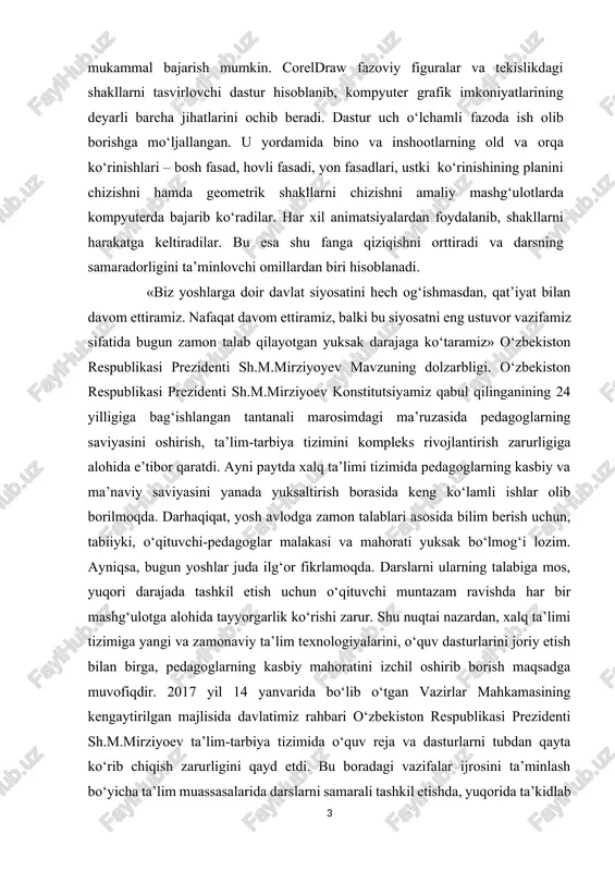 ga bag‘ishlangan tantanali marosimdagi ma’ruzasida pedagoglarning saviyasini oshirish, ta’lim-tarbiya tizimini kompleks rivojlantirish zarurligiga alohida e’tibor qaratdi. ayni paytda xalq ta’limi tizimida pedagoglarning kasbiy va ma’naviy saviyasini yanada yuksaltirish borasida keng ko‘lamli ishlar olib borilmoqda. darhaqiqat, yosh avlodga zamon talablari asosida bilim berish uchun, tabiiyki, o‘qituvchi-pedagoglar malakasi va mahorati yuksak bo‘lmog‘i lozim. ayniqsa, bugun yoshlar juda ilg‘or fikrlamoqda. darslarni ularning talabiga mos, yuqori darajada tashkil etish uchun o‘qituvchi muntazam ravishda har bir mashg‘ulotga alohida tayyorgarlik ko‘rishi zarur. shu nuqtai nazardan, xalq ta’limi tizimiga yangi va zamonaviy ta’lim texnologiyalarini, o‘quv dasturlarini joriy etish bilan birga, pedagoglarning kasbiy mahoratini izchil oshirib borish maqsadga muvofiqdir. 2017 yil 14 yanvarida bo‘lib o‘tgan vazirlar mahkamasining kengaytirilgan majlisida davlatimiz rahbari o‘zbekiston respublikasi prezidenti sh.m.mirziyoev ta’lim-tarbiya tizimida o‘quv reja va dasturlarni tubdan qayta ko‘rib chiqish zarurligini qayd etdi. bu boradagi vazifalar ijrosini ta’minlash bo‘yicha ta’lim muassasalarida darslarni samarali tashkil etishda, yuqorida ta’kidlab o‘tganimizdek, etuk kadrlar bilan bir qatorda …