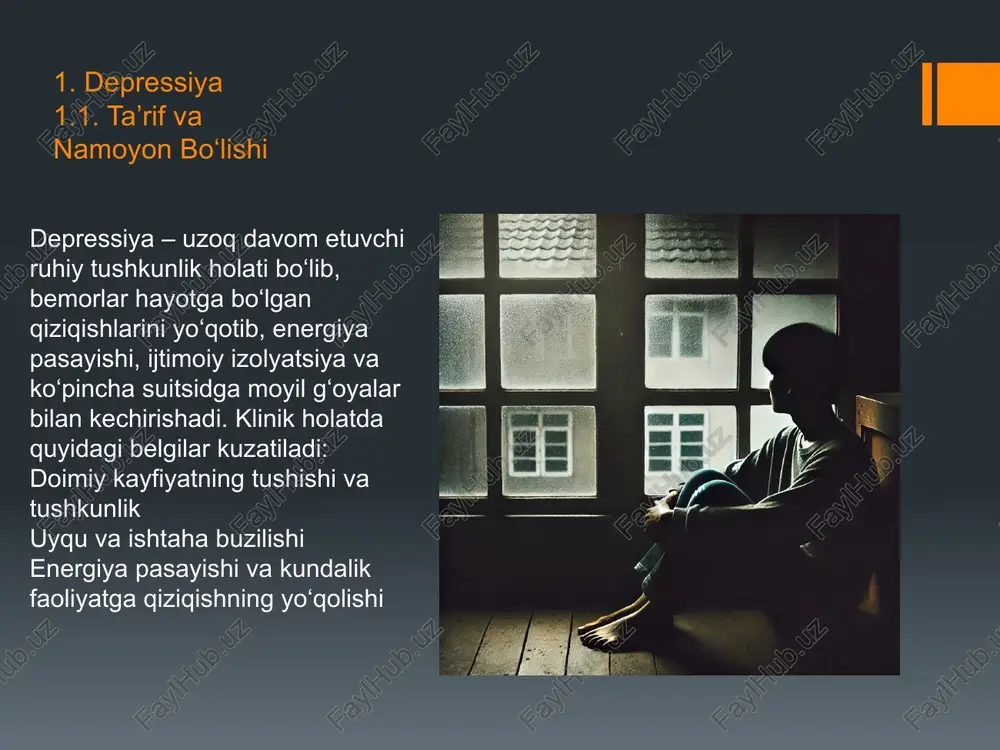 anilgan xatti-harakatlar: ilgari boshdan kechirilgan tajribalar asosida shakllangan odat. 4.3. davolash yondashuvi tezkor chora-tadbirlar: cho‘chish paytida bemorni tinchlantirish va xavfsiz muhit yaratish. davolash texnikalari: nafas olish mashqlari, relaksatsiya va stressni kamaytirish usullari. psixoterapevtik qo‘llab-quvvatlash: davolanishning doimiy takrorlanuvchi holatlarida psixologik yondashuv muhim ahamiyatga ega. xulosa bemorlarning ruhiy holatini kompleks tarzda baholash va davolash, tibbiyot amaliyotining ajralmas qismi hisoblanadi. depressiya, shok, qo‘rquv va cho‘chish kabi holatlar bemorlarning psixik va jismoniy salomatligiga sezilarli ta’sir ko‘rsatadi. xalmatova b. t.ning "tibbiyot kasbiga kirish" kitobi va boshqa tibbiy adabiyotlar asosida tayyorlangan ushbu ish, ushbu ruhiy holatlarning sabablari, klinik namoyoni va davolash yondashuvlarini batafsil yoritadi. to‘g‘ri tashxis va kompleks yondashuv yordamida bemorlarning ruhiy holatini yaxshilash va ularning hayot sifatini oshirish mumkin. image2.png image3.png image4.png image5.png image6.png image7.png image8.png image9.png image10.png image11.png image12.png image13.png image14.png /docprops/thumbnail.jpeg