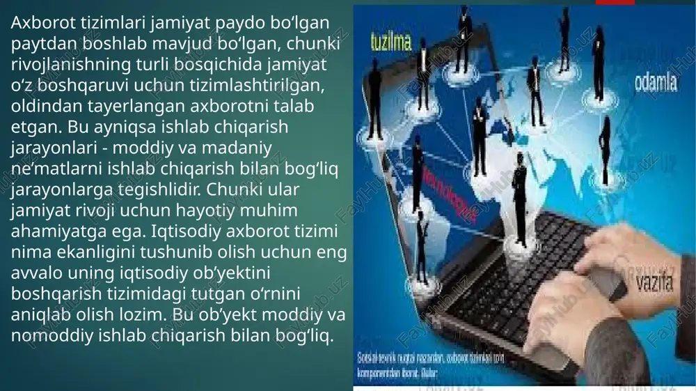 ul qilinadi kompaniyalarning axborot texnologiyalarining effektivligini ortirishiga intilishi yanada zamonaviyroq apparat va dasturiy vositalarning paydo bo‘lishiga turtki bo‘ladi. ular o‘z navbatida foydalanuvchilarni axborot texnologiya-larining keyingi zamonaviylashtirishiga undaydi. o‘ylab qaralsa, bu halqa ko‘rinishidagi poyga asosiy maqsad emas; u tufayli tadbirkorlar bozor konyukturasining o‘zgarishiga yanada jiddiy munosabat bildiradi va minimum tavvakal qilib maksimum foyda olishlari mumkin. image6.jpeg image7.jpeg image8.jpeg image9.jpeg image10.jpeg image11.jpeg image12.jpeg image13.jpeg image2.png image3.png image4.png image5.png /docprops/thumbnail.jpeg