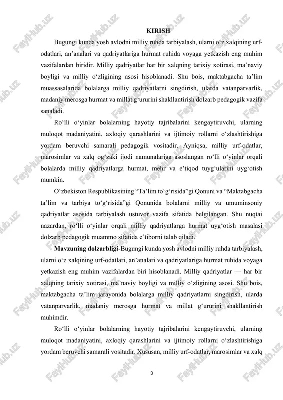 ustuvor vazifa sifatida belgilangan. shu nuqtai nazardan, ro‘lli o‘yinlar orqali milliy qadriyatlarga hurmat uyg‘otish masalasi dolzarb pedagogik muammo sanaladi. kurs ishining maqsadi — maktabgacha ta’lim muassasalarida ro‘lli o‘yinlardan foydalanish orqali bolalarda milliy qadriyatlarga hurmat, vatanparvarlik va ma’naviy qadriyatlarga sadoqat tuyg‘usini shakllantirishning samarali yo‘llarini aniqlash va tahlil qilishdir. kurs ishining vazifalari kurs ishi maqsadidan kelib chiqib, quyidagi vazifalar belgilangan: 1. ro‘lli o‘yinlarning pedagogik-psixologik mohiyatini o‘rganish; 2. milliy qadriyatlarning bolalar tarbiyasidagi ahamiyatini tahlil qilish; 3. maktabgacha ta’lim muassasalarida ro‘lli o‘yinlar tajribasini o‘rganish; 4. ro‘lli o‘yinlar orqali milliy qadriyatlarga hurmat uyg‘otishning samarali metodlarini aniqlash; 5. tarbiyachilar uchun metodik tavsiyalar ishlab chiqish. kurs ishining predmeti — maktabgacha yoshdagi bolalarda milliy qadriyatlarga hurmat hissini shakllantirish jarayonida ro‘lli o‘yinlarning mazmuni, shakl va usullari hisoblanadi. kurs ishining metodologik asosi- kurs ishining metodologik asosini o‘zbekiston respublikasi prezidentining ta’lim-tarbiya sohasidagi farmon va qarorlari, “ta’lim to‘g‘risida”gi qonun, “maktabgacha ta’lim va tarbiya to‘g‘risida”gi qonun, shuningdek, pedagogika va psixologiya fanining yetakchi olimlari …