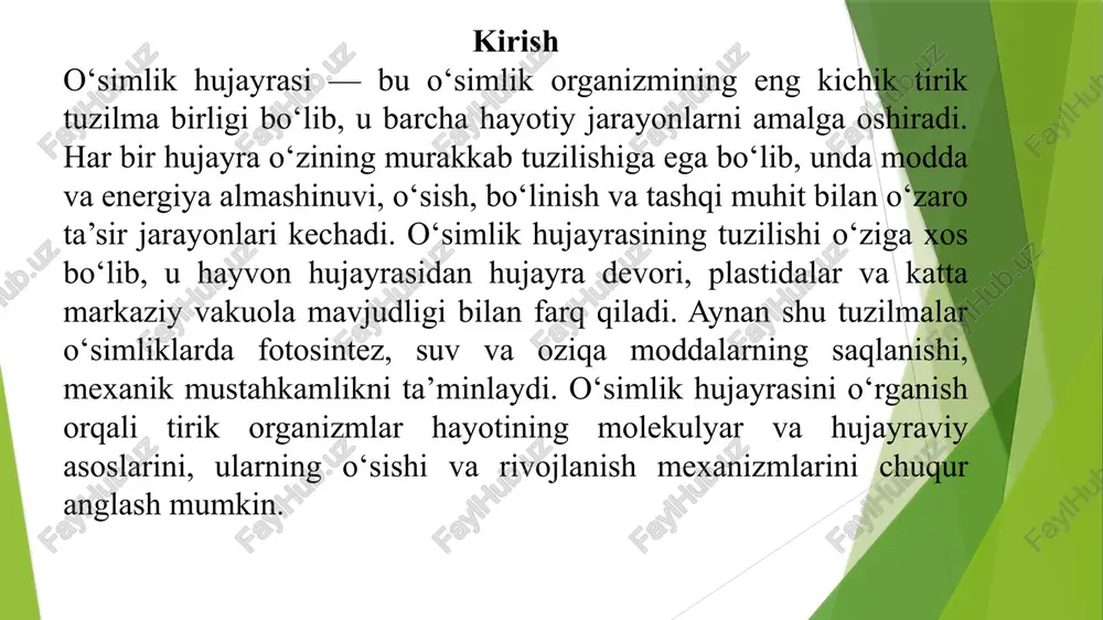 nish nafaqat biologiya fanida, balki ekologiya va qishloq xo‘jaligida ham katta ahamiyatga ega. xulosa o‘simlik hujayrasi — o‘simlik organizmining asosiy va eng kichik tirik birligi bo‘lib, uning normal faoliyati butun o‘simlikning hayoti va rivojlanishi uchun zarurdir. hujayra devori, sitoplazma, yadro, plastidalar va vakuola kabi tuzilmalar o‘zaro uyg‘unlikda ishlaydi va turli hayotiy jarayonlarni amalga oshiradi. organoidlar, xususan mitoxondriya, xloroplast, ribosoma, endoplazmatik tarmoq va golji apparati hujayra ichidagi moddalar almashinuvi, energiya hosil bo‘lishi va oqsillar sintezini ta’minlaydi. shu bilan birga, o‘simlik hujayrasi fotosintez, suv va oziqa moddalarning saqlanishi, mexanik mustahkamlik va irsiy axborotni uzatishda muhim rol o‘ynaydi. umuman olganda, o‘simlik hujayrasini chuqur o‘rganish orqali tirik organizmlarning hayotiy jarayonlari va ularning muvozanatini yaxshi anglash mumkin. image1.png image2.png image3.jpeg /docprops/thumbnail.jpeg