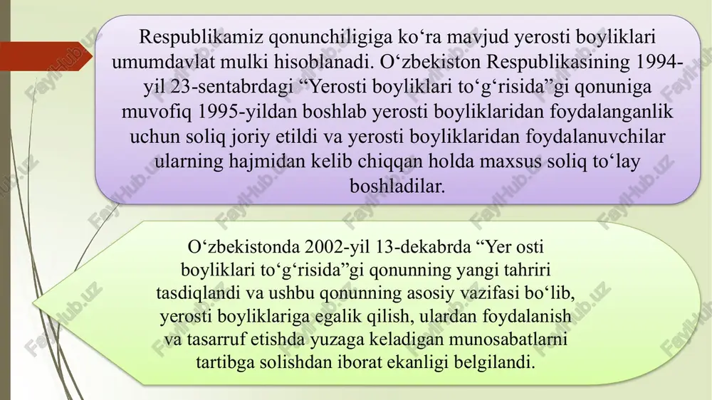 agi bosimni saqlab turish va (yoki) uglevodorodlarni yopiq texnologik jarayon doirasida ajratib olish uchun mahsuldor qatlamga qayta haydab kiritiladigan tabiiy gaz hajmi; - soliq to’lovchilarga berilgan yer uchastkalari doirasida qazib olingan (ajratib olingan) hamda o’zining xo’jalik va ro’zg’or ehtiyojlari uchun foydalanilgan keng tarqalgan foydali qazilmalar. keng tarqalgan foydali qazilmalar ro’yxati qonun hujjatlari bilan belgilanadi; - qonun hujjatlarida belgilangan tartibda daryo o’zanlarini tozalash va qirg’oqlarni mustahkamlash ishlari natijasida qazib olingan (ajratib olingan) noruda foydali qazilmalar, bundan qayta ishlangan va realizatsiya qilingan foydali qazilmalar hajmi mustasno. soliq solish ob’ekti foydali qazilmaning har bir turi bo’yicha alohida aniqlanadi. qazib olingan (ajratib olingan) foydali qazilmalar foydali komponentlar qazib olingan uglevodorodlar uglevodorodlarni qayta ishlash jarayonida ajratib olingan foydali komponentlar qimmatbaho metallar va qimmatbaho toshlar 450-modda. soliq solish ob’ekti 451-modda. soliq bazasi soliq bazasi yer qa’ridan foydalanuvchi tomonidan mustaqil ravishda har bir qazib olingan (ajratib olingan) foydali qazilmaga, shu jumladan asosiy foydali qazilmani qazib olishda birga …
