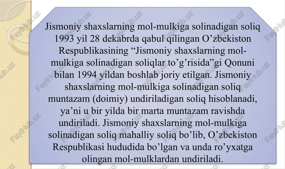 lion so’mdan kam bo’lishi mumkin emas. jismoniy shaxslarning mol-mulkini baholash bo’yicha vakolatli organ tomonidan aniqlangan soliq solish ob’ektining bahosi mavjud bo’lmagan taqdirda, mol-mulkning shartli qiymati toshkent va nukus shaharlarida, shuningdek viloyat markazlarida — qirq ikki million so’mdan kam bo’lmagan summaning besh baravari miqdorida, boshqa shaharlarda va qishloq joylarda esa — ikki baravari miqdorida soliq bazasi hisoblanadi. bitta jismoniy shaxs bir nechta soliq solish ob’ekti bo’yicha soliq to’lovchi bo’lgan taqdirda, soliq bazasi har bir ob’ekt bo’yicha alohida hisoblab chiqiladi. t/r soliq solish ob’ektlari soliq stavkalari (foizlarda) 1. uy-joylar va kvartiralar, dala hovli imoratlari (bundan umumiy maydoni 200 kv.m dan ortiq bo’lganlari mustasno), ko’p kvartirali uylarga uzviy bog’liq bo’lgan avtomashina turar joylari, shuningdek boshqa imoratlar, binolar va inshootlar 0,28/ 0,31 2. shaharlarda joylashgan uy-joylar va kvartiralar, umumiy maydoni: 200 kv.m dan va 500 kv.m ga qadar bo’lganlari 0,37/ 0,41 500 kv.m dan ortiq bo’lganlari 0,49/ 0,55 3. boshqa aholi punktlarida joylashgan, umumiy …