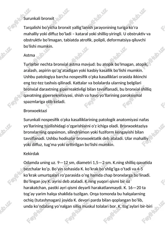 sm. k.ning shilliq qavatida bezchalar koʻp. boʻyin sohasida k. koʻkrak boʻshligʻiga oʻtadi va 4-5 koʻkrak umurtqalari roʻparasida oʻng hamda chap bronxlarga boʻlinadi. boʻlingan joy k. ayrisi deb ataladi. k.ning yuqori qismi bir oz harakatchan, pastki ayri qismi deyarli harakatlanmaydi. k. 16—20 ta togʻay yarim halqa shaklida tuzilgan. orqa tomonda bu halqalarning ochiq (tutashmagan) joyida k. devori parda bilan qoplangan boʻlib, unda koʻndalang yoʻnalgan silliq muskul tolalari bor. k. togʻaylari bir-biri bilan fibroz boylam yordamida tutashgan. k. ichki tomondan shilliq parda bilan, parda esa tukli epiteliy bilan qoplangan radioterapiyadagi yangi yondoshuvlar saratonni davolashga oid yangi qo‘llanmalar doimiy tarzda paydo bo‘ladi. radiatsion onkologiya sohasidagi so‘nggi innovatsion yangiliklar – bu kasallikning dastlabki bosqichida radiatsiyaning yuqori dozalarini qo‘llash va kam miqdordagi yon ta'sirlar bilan ajoyib natijani olishga imkoniyatdir. professor abajio‘g‘li 3 sm (kasallikning 1- yoki 2-bosqichlarida metastazlar mavjud bo‘lmaydi) o‘lchamdagi yangi shakllangan xatarli o‘pka saratonini davolash usuli haqida gapirib o‘tdi. bunday holatda o‘pkaning bir …