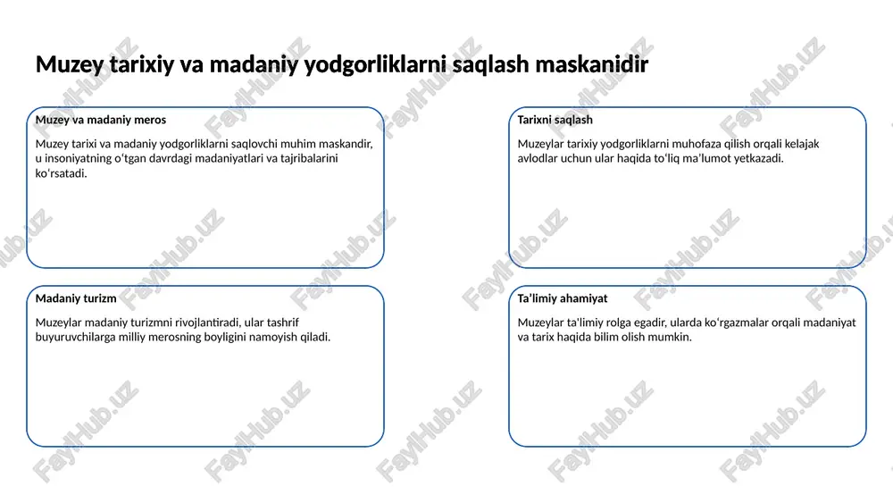 tlar bilim olishni osonlashtiradi. 6 muzey eksponatlari o‘tmish haqida hikoya qiladi muzey eksponatlari tarixi yoritadi eksponatlar o‘tmishda sodir bo‘lgan voqealar, urf-odatlar va ijtimoiy hayot haqida bizga ma’lumot beradi. ular orqali qadimiy davrlardagi madaniyatni o‘rganish mumkin. muzey eksponatlari o‘tmish haqida hikoya qiladi san’at va tarix uyg‘unligi muzeylarda joylashgan ko‘plab san’at asarlari va boshqa ob’ektlar o‘z davrining texnologiyalari hamda estetik qarashlarini namoyon etadi. muzey eksponatlari o‘tmish haqida hikoya qiladi arxeologik topilmalar qadimiy buyumlar va ashyolar arxeologik tadqiqot orqali topilgan bo‘lib, ularning ko‘plari insoniyat tarixi haqida hikoya qiladi. muzey eksponatlari o‘tmish haqida hikoya qiladi 7 kutubxona kitoblar katalogi orqali oson foydalanishni ta'minlaydi kutubxona xizmatlari haqida kutubxonalar bilim manbai hisoblanadi. kitoblar kataloglari orqali turli fanlarga oid adabiyotlarni topish oson bo‘ladi. kutubxona kitoblar katalogi orqali oson foydalanishni ta'minlaydi katalogning afzalliklari katalog orqali qidiruv tez amalga oshadi. u kerakli kitoblarni qulay topishga yordam beradi. kutubxona kitoblar katalogi orqali oson foydalanishni ta'minlaydi zamonaviy ishlanmalar elektron katalog tizimlari …