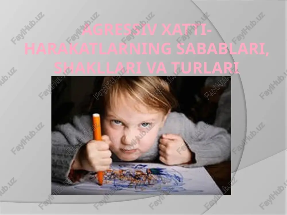 iqlarni olib tashlash; diqqatni jalb qilish. agressiv bola bilan ishlashning xususiyatlari kichik tajovuz holatlarida(alohida holatlar): bolaning reaktsiyalarini butunlay e'tiborsiz qoldirish istalmagan xatti-harakatlarni to'xtatishning juda kuchli usuli hisoblanadi; bolaning his-tuyg'ularini tushunish ifodasi ("albatta, siz xafa bo'lasiz..."); diqqatni almashtirish, biron bir vazifani taklif qilish ("menga yordam bering, iltimos, kitobni yuqori javondan oling, siz mendan balandsiz"); xulq-atvorning ijobiy belgisi ("siz charchaganingiz uchun g'azablanasiz"). bolalarning tajovuzkorligini minimallashtiradigan o'qituvchining xatti-harakatlarining xususiyatlari tinch, muvozanatli ovoz ohangi; kuch, tahdidlarning namoyishi yo'qligi; tinch, stresssiz tana holati; silliq imo-ishoralar; nutqda kinoya, kinoya, masxara yo'qligi; bolaning shaxsiyati, uning qarindoshlari va do'stlariga nisbatan bebaho munosabat; hamkasblar va ma'muriyatni jalb qilmasdan nizolarni hal qilish; nutqda ta'lim, kategoriya, umumlashtirishning yo'qligi; boshqa bolalar bilan salbiy taqqoslashlarning yo'qligi. e’tiboringi uchun raxmat image1.jpeg image2.jpeg image3.png image4.jpeg image5.jpeg image6.png image7.jpeg image8.jpeg image9.jpeg image10.jpeg image11.jpeg image12.jpeg image13.jpeg image14.jpeg image15.jpeg /docprops/thumbnail.jpeg