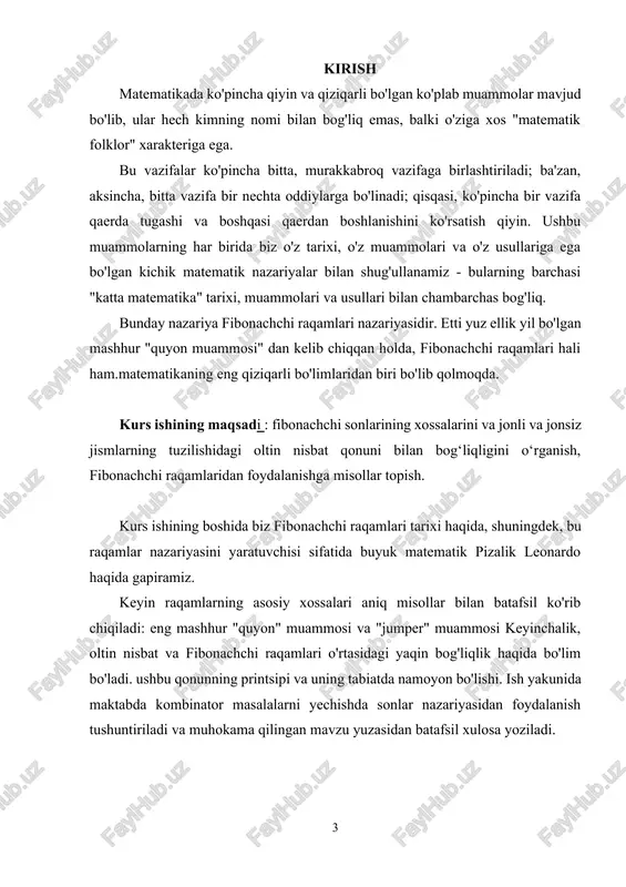 a "olishga" muvaffaq bo'ldi va u erda o'sha vaqt uchun mukammal matematik ta'lim olishga muvaffaq bo'ldi. leonardo musulmon diniga eʼtiqod qiluvchi mamlakatlar matematiklarining (masalan, al-xorazmiy va abu komil) asarlarini oʻrgangan; arabcha tarjimalardan foydalanib, qadimgi va hind matematiklari yutuqlari bilan ham tanishgan "abakus kitobi" fibonachchi bir nechta matematik ishlarni yozgan: "liber abaci", "liber quadratorum", "practica geometriae". ulardan eng mashhuri "liber abaci" (abakus haqidagi kitob - sanoq taxtasi). ushbu asar fibonachchi hayoti davomida 1202 va 1228 yillarda ikki nashrda nashr etilgan. bu kitob o'sha davrning deyarli barcha arifmetik va algebraik ma'lumotlarini o'z ichiga olgan bo'lib, ular ajoyib to'liqlik va chuqurlik bilan taqdim etilgan. kitobning dastlabki besh bobi oʻnli kasrlarni raqamlash asosidagi butun son arifmetikasiga bagʻishlangan. vi va vii boblarda leonardo oddiy kasrlar ustida amallarni bayon qiladi. viii-x kitoblarda proportsiyaga asoslangan tijorat arifmetik masalalarni yechish usullari mavjud. xi bobda aralashtirish muammolari muhokama qilinadi. xii bobda qatorlarni yig’indisiga doir masalalar – arifmetik va geometrik …