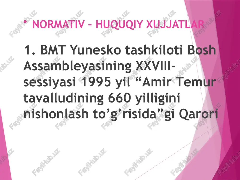 sovet delegatsiyasi tarkibida o’zbeistondan naim g’oibov hindistonda safarda bo’ldi. o’shanda dehlidagi “qizil qal’a” majmuidagi bir go’zal bog’ni ko’rdi. bu qa’la va bo’g amir temur avlodla-ri ijodi ekanligini, bu ishlarning bosh tashab-uskori amir temur ekanligi bilan birinchi bor mag’rurlangan edi. “oqsoq darvesh ” qariyib bir yarim asr muqaddam vengriyalik xerman vamberi movarounnahrda bo’lib o’zining “buxoro yoxud movarounnahr tarixi” asarini yaratdi. vamberi amir temurga shunday haqqoniy baho bergan edi: “temurni chingizxon bilan bir qatorga qo’yib uni yovuz, o’zboshimcha, mustabid hokim deb atovchilar- ning fikrlari ikki tomonlama hatodir. go’ri amir maqbarasining ichki ko’rinishi go’ri amir maqbarasida amir temur, uning o’g’illari shohruh mirzo, mironshoh mirzo, nabiralari muhammad sulton, mirzo ulug’bek qabrlari joylashgan. amir temurning bosh tomonida uning pirlaridan biri mir sayid baraka osoyish topganlar. amir temurning qabr toshlaridagi yozuvlar 1948 yil semyonov tomonidan o’qib chiqilgan. shohi zinda maqbaralar majmuasi shohi zinda majmuasidagi qusam ibn abbos dahmasi. muhammad payg’ambarning jiyani qusam ibn abbos, xalq orasida …