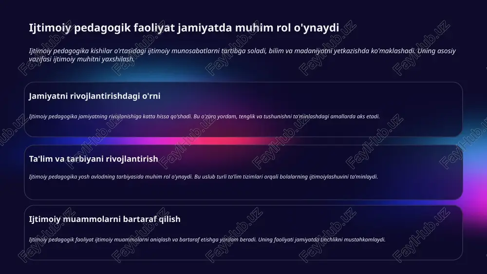 aror jamiyatni qurishga yordam beradi. 6 o'qituvchilik faoliyatining vazifasi pedagogik faoliyatning asosiy maqsadi jamiyatda ta'lim va tarbiyani rivojlantirish orqali insonning ijtimoiy mas'uliyatini oshirishdan iborat. bu jarayon natijasida muammolarni hal qilishga ko'maklashadi. pedagogik faoliyat jamiyatda ijtimoiy muammolarni hal qilishga yordam beradi ijtimoiy masalalarni hal qilishdagi roli ta'lim institutlari bolalar va kattalarni bilimli va ma'suliyatli qilishga yordam beradi. bu esa jamiyatdagi muammolarni kamaytirish imkoniyatini oshiradi. amaliy yondashuvlar va ko'nikmalar pedagogik yondashuv yoshlarni ijtimoiy ko'nikmalarga o'rgata oladi. masalan, jamoaviy muammolarni hal qilishga xizmat qiluvchi muloqot ko'nikmalari. 7 o'qituvchilar jamiyatda madaniyat va bilimni targ'ib qiladi madaniyat insonning ma'naviy rivojlanishida asosiy rol o'ynaydi, o'qituvchilar bu qadriyatlarni yosh avlodga yetkazishda muhimdir. jamiyatda madaniyatning ahamiyati madaniyat insonning ma'naviy rivojlanishida asosiy rol o'ynaydi, o'qituvchilar bu qadriyatlarni yosh avlodga yetkazishda muhimdir. bilimning tarqatilishidagi o'rni o'qituvchilar ta'lim tizimi orqali bilimni keng ommaga yetkazadi, bu esa taraqqiyotning asosi hisoblanadi. yosh avlodni shakllantirish o'qituvchilar bolalarni madaniyat, bilim va axloqiy qadriyatlarga yo'naltiradi, ularning …
