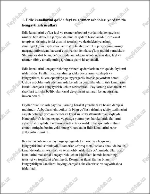 i. 2. nikel‑titan (niti) aylanma asboblar bilan ildiz kanallarini kengaytirish texnikalari nikel-titan (niti) aylanma asboblar yordamida ildiz kanallarini kengaytirish texnikalari zamonaviy tibbiyotning muhim qismi hisoblanadi, ayniqsa endodontik davolash sohasida. ushbu asboblar tufayli kanal ishlarini amalga oshirish yanada oson, xavfsiz va samarali bo'ladi. nikel-titan materialidan tayyorlangan aylanma asboblar yuqori moslashuvchanlik va egiluvchanlikni ta’minlaydi, bu esa ularni murakkab kanallarni kengaytirishda keng qo‘llanishiga sabab bo‘ladi. niti aylanma asboblar bilan kengaytirish texnikalari bir necha bosqichda amalga oshiriladi. avvalambor, tishning asosiy tuzilishini o‘rganish muhim, chunki har bir tish va kanallar turli shakl va hajmlarda bo‘ladi. diagnostik rentgenogramma yordamida kanallarning shakli, uzunligi va imkoniyati aniqlanadi. kanallarning anatomik xususiyatlarini to‘g‘ri baholash nikel-titan asboblar yordamida kengaytirishni muvaffaqiyatli amalga oshirish uchun muhimdir. birinchi bosqichda kirish yo‘li ochiladi. bu bosqichda koronal qismga e'tibor qaratilib, kirish uchun joy tayyorlanadi. keyinchalik, ishlatilayotgan asboblarning diametri va kese-pasayishi ko‘rib chiqiladi. umuman, niti asboblar turli o‘lcham va shakllarda ishlab chiqariladi, bu esa kengaytirish jarayonini ancha …