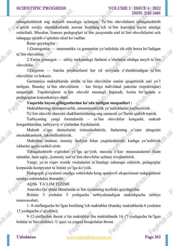 i fransiya va germaniya ta`limiga xam sezilarli ta`sir etdi. germaniya to’liqsiz o’rta maktablarida asosiy predmetlar bilan bir qatorda tanlab olinadigan kimyo, fizika, chet tillari kiritilgan o’quv dasturlari ham amalga oshirildi. bu o’kuv dasturi tobora to’liqsiz o’rta maktab doirasidan chiqib, o’rta maktablar va gimnaziyalarni ham qamrab olmoqda. fransiya boshlang’ich maktablarida ta`lim mazmuni ona tili va adabiyoti hamda matematikadan iborat asosiy, tarix, geografiya, axolishunoslik, tabiiy fanlar, mehnat ta`limi, jismoniy va estetik tarbiya kabi yordamchi predmetlarga bo’linadi. yaponiya maktablari ikkinchi jahon urushidan keyinroq amerika ta`limi yo’lidan bordi. lekin shunga qaramay, bu ikki mamlakat o’kuv dasturida bir qator farqlar ko’zga tashlanadi. yaponiyada o’quv dasturlari jiddiy murakkablashtirilgan, asosiy fanlar majmui ancha keng, bir qator yangi maxsus va fakultativ kurslar kiritilgan. masalan, umumiy ta`lim maktablarining yangi musiqa ta`limi o’quv dasturiga milliy va jahon mumtoz musiqasini o’rganish ham kiritilgan. shuni ta`kidlash lozimki, iqtisodiy rivojlangan davlatlarda 80- yillarda tabiiy ilmiy ta`lim dasturi tarkibiga fizika, kimyo, biologiya, ba`zi hollarda …