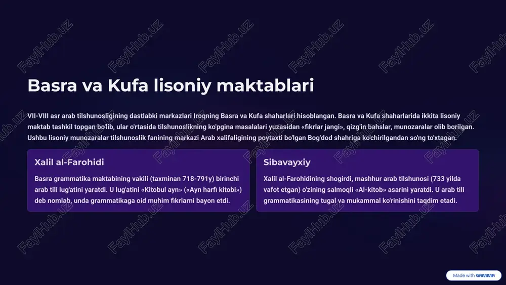 , unlini esa o'tkinchi deb ta'riflaganlar va arab so'zlarida (o'zaklarida) undosh tovushlarning asosiy rol o'ynashini ta'kidlaganlar. qiyoslang: kitob, kotib, kutub. grammatika tizimi arab tilshunosligida sintaksis masalalari, hind va yunonlardagidek, grammatikaning eng bo'sh bo'limi hisoblangan. shunga qaramasdan arablarda sintaksisning tekshirish ob'ekti sifatida gap, gapning struktur-semantik tahlili kuzatiladi. 6 o'rta osiyolik buyuk allomalar o'rta osiyolik mashur allomalarning jahon madaniyati, marifati, ilm-faniga qo'shgan hissasi ulkandir. jahon tan olgan buyuk allomalar: abu nasr forobiy, abu rayhon beruniy, abu ali ibn sino, mahmud koshg'ariy, mahmud az-zamaxshariy, alisher navoiy va boshqalarning tilshunoslik fani taraqqiyotidagi xizmatlari kattadir. abu nasr forobiy (873-930) qomusiy olim abu nasr forobiy yaratgan asarlar ichida «fanlar tasnifi» kitobi tilshunoslik masalalariga bag'ishlanganligi bilan ajralib turadi. buyuk alloma tilshunoslikning fonetika, morfologiya, sintaksis, orfografiya, orfoepiya va stilistika kabi bo'limlari haqida dastlabki tushunchalarni bergan. abu rayhon beruniy (937-1048) o'rta asr evropasida aliborona nomi bilan mashhur bo'lgan qomusiy alloma xorazmlik abu rayhon al-beruniy, ma'lumotlarga qaraganda, 150 dan ortiq …