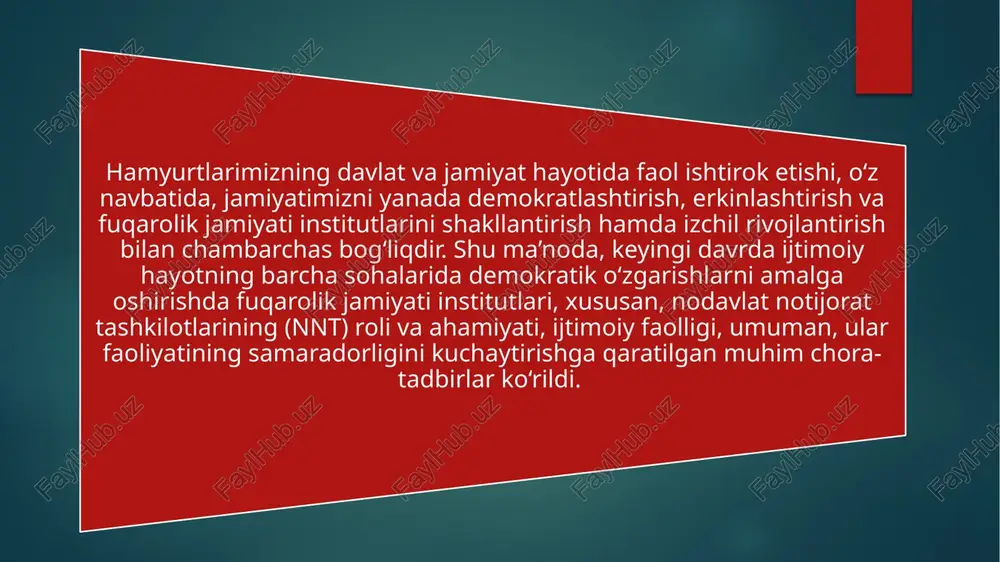 bilan kelishilgan holda partiyaning tegishli saylov okrugidagi hududiy bo‘limi xodimlari orasidan jamoatchilik asosida ishlovchi vakil ajratib berilishi mumkin. qonunchilik palatasi deputatining vakili deputatning saylov okrugidagi o‘z saylovchilari bilan doimiy aloqa o‘rnatishiga ko‘maklashadi. prezidentimiz tomonidan, shuningdek, shu yil 26 apreldagi “fermer, dehqon xo‘jaliklari va tomorqa yer egalari faoliyatini takomillashtirish bo‘yicha qo‘shimcha chora-tadbirlar to‘g‘risida”, joriy yil 16 apreldagi “diniy-ma’rifiy soha faoliyatini tubdan takomillashtirish chora-tadbirlari to‘g‘risida”, 2018 yil 2 fevraldagi “xotin-qizlarni qo‘llab-quvvatlash va oila institutini mustahkamlash sohasidagi faoliyatni tubdan takomillashtirish chora-tadbirlari to‘g‘risida”, 2017 yil 17 noyabrdagi “hunarmandchilikni yanada rivojlantirish va hunarmandlarni har tomonlama qo‘llab-quvvatlash chora-tadbirlari to‘g‘risida”, 2017 yil 27 iyuldagi “o‘zbekiston respublikasi prezidentining istiqbolli yosh pedagog va ilmiy kadrlarning malakasini oshirish “iste’dod” jamg‘armasi faoliyatini yanada takomillashtirish to‘g‘risida”, 2017 yil 5 iyuldagi “yoshlarga oid davlat siyosati samaradorligini oshirish va o‘zbekiston yoshlar ittifoqi faoliyatini qo‘llab-quvvatlash to‘g‘risida”, 2017 yil 19 maydagi “millatlararo munosabatlar va xorijiy mamlakatlar bilan do‘stlik aloqalarini yanada takomillashtirish chora-tadbirlari to‘g‘risida”, 2017 yil 3 …