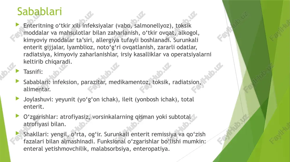 nishi); chambar ichak koliti; ileokolit (ichakning yonbosh qismidagi yallig’lanish); rektosigmoidit (to’g’ri ichak va sigmasimon ichakning yallig’lanishi); chap taraflama kolit (to’g’ri ichak, sigmasimon ichak va yo’g’on ichakning tushuvchi qismining taloq burchagigacha ta’sir qiladi); enterokolit (ingichka va yo’g’on ichaklarning yallig’lanishi). kasallikning kechishiga ko’ra: o’tkir kolit — xurujlar to’satdan va tashqi omillarning aniq ta’siri tufayli yuzaga keladi; surunkali kolit — irsiy moyillik rivojlanish omili bo’lib xizmat qiladi, sust kechish bilan tavsiflanadi; qaytalanuvchi kolit — surunkali kasallik bo’lib, tashqi salbiy omillar ta’sirida o’tkir shaklga o’tadi, qo’zg’atuvchi ta’siri bekor bo’lsa, yana surunkali shaklga qaytadi. yarali kolit sabablari irsiy omillar (qarindoshlarda yarali kolit va kron kasalligi aniqlanganligi bemorda ykni rivojlanish xavfini oshiradi); virusli va bakterial infektsiyalar (ularning yallig’lanish rivojlanishiga ta’siri o’rganilmoqda); tashqi salbiy omillar (parhez, chekish, oral kontratseptivlar); tez-tez kuchli stressga yo’liqish; nosteroid yallig’lanishga qarshi preparatlarni nazoratsiz qabul qilish. yo’g’on ichak yarasini davolash yallig’lanishga qarshi dorilar (yallig’lanishni yengillashtirish va remissiyaga erishish uchun); anemiya aniqlansa temir preparatlari; …
