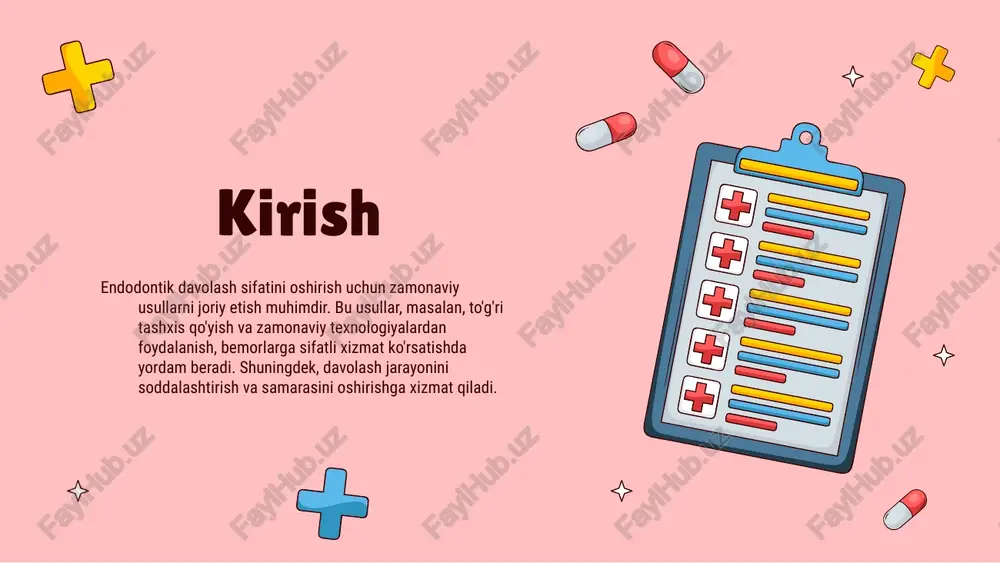 ini aniqlashda ahamiyatlidir. yangi innovatsiyalar, endodontik mollalar sifatini oshirishda muhim rol o'ynaydi. zamonaviy texnologiyalar orqali davolash tartib-qoidalari takomillashadi. yangilangan davolash usullari yangilangan endodontik davolash usullari tishlarni uzoq muddat saqlash va og'riqsiz davolashni ta'minlaydi. zamonaviy texnologiyalar va materiallar yordamida davolash jarayoni samaradorligi oshmoqda. bu usullar bemorlar uchun yanada komfortli va xavfsiz muolajalarni taklif etadi. qo'llaniladigan texnologiyalar endodontik davolash sifatini oshirish uchun zamonaviy texnologiyalarni qo'llash muhimdir. ultrasonik qurilmalar, raqamli rentgen va lazerlar kabidir texnologiyalar, jarayonni tezlashtiradi va aniqlikni oshiradi. bu usullar orqali bemorlarning tajribasi yaxshilanadi va natijalar yuqoriroq bo'ladi. xulosa endodontik davolash sifatini oshirish uchun zamonaviy texnologiyalar va materiallardan foydalanish kerak. buning natijasida davolash samaradorligi oshib, bemorlarning qoniqishi ta'minlanadi. shuningdek, uzoq muddatli natijalarni yaxshilash maqsadida professionallarni muntazam ravishda malaka oshirish zarur. foydalanilgan adabiyotlar 1. suyunov, m. endodontik davolash: nazariya va amaliyot. tashkent medical academy, 2020. 2. karimov, a. o. zamonaviy endodontik usullar. o'zbekiston tibbiyot universiteti nashrlari, 2021. 3. xodjayev, r. b. endodontik …