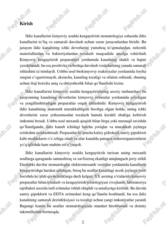 yoviy eritmalar ildiz kanalining devorini eritadi, uni yumshatadi va mexanik asboblarni kirishni osonlashtiradi. eng ko’p ishlatiladigan preparatlar — natriy gidroksid (naoh), natriy hipoxlorit (naocl), edta (etilendiamintetraatsidkislota) kabi agentlar. • mexanik va kimyoviy usullar uyg’unligi: kimyoviy kengaytirish odatda mexanik asboblar bilan birgalikda qo’llaniladi. eritmalar mexanik kengaytirishni osonlashtiradi, kanaldagi qattiq to’siqlarning ko’p qismini eritadi. • dezinfeksiya vazifasi: kimyoviy preparatlar bakteriyalarni yo’q qiladi, yallig’lanishni kamaytiradi va ildiz kanalida yallig’lanish virulentligini pasaytiradi. 3 • yan ta’sirlar: preparatlarning noto’g’ri qo’llanishi kanal devorining haddan tashqari eritilishiga yoki atrofdagi to’qimalarga zarar yetkazishga olib kelishi mumkin, shuning uchun dozalash va qo’llanilish texnikasi muhimdir. • kengaytirish turlari: kimyoviy kengaytirish turli usullardan iborat bo’lib, eritma molekulalarining harakatiga, reaksiya tezligiga, konsentratsiyaga va preparatning ta’sir doirasiga qarab ajratiladi. . ildiz kanallarini kimyoviy usulda kengaytirish jarayoni zamonaviy stomatologiyada ixtisoslashgan usullardan biri hisoblanadi. ushbu usul bilan ildiz kanallarini kengaytirish qo’lda yoki mexanik vositalar yordamida amalga oshirilmaydi, balki maxsus kimyoviy preparatlar ta’sirida amalga oshiriladi. ushbu …