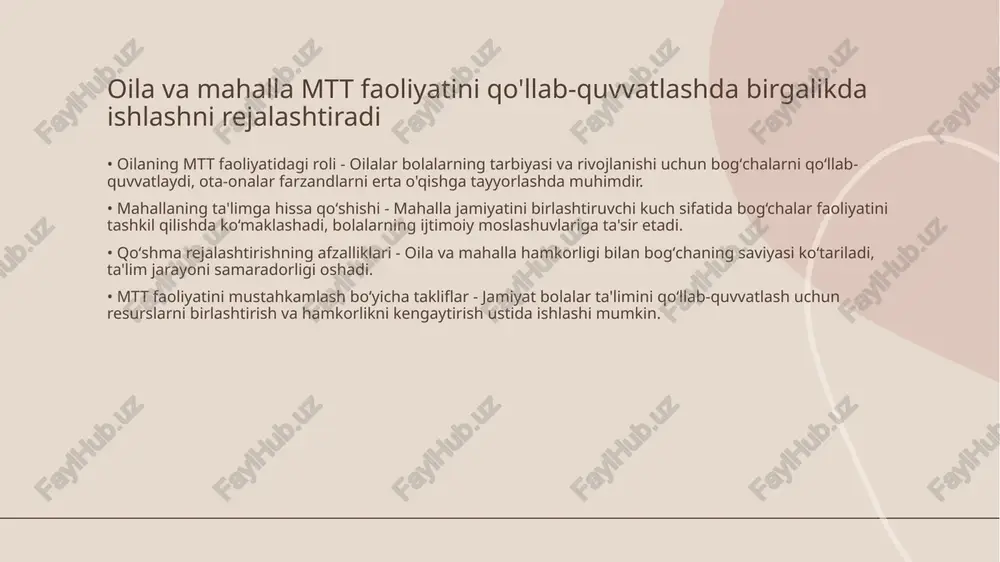 ar va urf-odatlarni o'rgatishda yordam beradi, jamoat tadbirlari bilan ijtimoiy muloqot ko'nikmasini rivojlantiradi. mahalla mttda tadbirlar tashkil etishda oila bilan birga ishlaydi • mahalla va oila hamkorligi - mahalla va oilaning birgalikdagi faoliyati bolalar tarbiyasida muhim o‘rin tutadi, chunki bu ular uchun yaxlit tarbiyaviy muhit yaratadi. • mtt tadbirlari va tarbiya - mttda o‘tkaziladigan tadbirlar orqali mahalla bolalarning madaniy, sport va ijtimoiy ko‘nikmalarini rivojlantirishga yordam beradi. • oilalarning ahamiyati - ota-onalar tadbirlarda faol qatnashish orqali farzandlarini tarbiyada qo‘llab-quvvatlash imkoniyatiga ega bo‘ladilar. • hamkorlik samaradorligi - mahalla va oilalar hamkorligi orqali barkamol avlodni voyaga yetkazish uchun yanada mustahkam zamin yaratiladi. oila va mahalla mtt tarbiyachilariga yordam ko'rsatadi • oilaviy qo'llab-quvvatlash - oila tarbiyachilarga bolalarning psixologik holatini tushunishda yordamlashadi, ota-onalar bolalarning ehtiyojlarini kuzatish orqali ta'lim jarayonini boyitadi. • mahallaning roli - mahalla tarbiyachilarga bolalarning mahalliy madaniyatini anglashda ko'mak beradi, hamkorlik orqali turli tadbirlarning muvaffaqiyatini oshiradi. bolalar tarbiyasida oila va mahalla o'zaro mas'uliyatni …