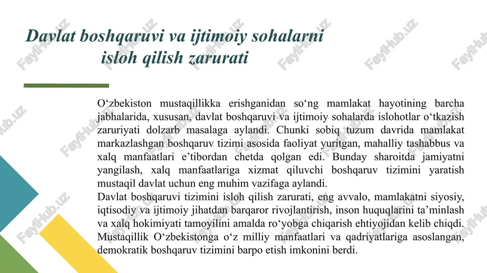 sh va hududiy manfaatlarni inobatga olish imkonini berdi. 6 o‘zbekiston mustaqillikka erishganidan so‘ng mamlakatda siyosiy, iqtisodiy va ijtimoiy sohalarda tub islohotlarni amalga oshirish zarurati tug‘ildi. bu islohotlarning eng muhim huquqiy asosi sifatida yangi davlatning bosh hujjati — o‘zbekiston respublikasi konstitutsiyasini yaratish dolzarb vazifaga aylandi. sobiq ittifoq davrida amalda bo‘lgan konstitutsiya mustaqil davlat qurish talablariga javob bermas edi. shu sababli 1990-yil 20-iyunda tashkil etilgan konstitutsiyaviy komissiya mamlakat uchun yangi konstitutsiya loyihasini ishlab chiqish ishlariga kirishdi. komissiyaga o‘sha paytdagi o‘zbekiston respublikasi prezidenti islom karimov rahbarlik qildi. konstitutsiyaning qabul qilinishi va demokratik asoslar 7 uzoq muhokamalar, xalq bilan maslahatlashuvlar, huquqshunos olimlar, siyosatchilar va mutaxassislarning takliflari asosida tayyorlangan hujjat 1992-yil 8-dekabr kuni o‘zbekiston respublikasi oliy kengashining xii chaqiriq xi sessiyasida qabul qilindi. shu kundan boshlab 8-dekabr har yili mamlakatimizda “konstitutsiya kuni” sifatida keng nishonlanadi. konstitutsiya 6 bo‘lim, 26 bob va 128 moddadan iborat bo‘lib, u mustaqil o‘zbekiston davlatining siyosiy, iqtisodiy va huquqiy asoslarini belgilab …