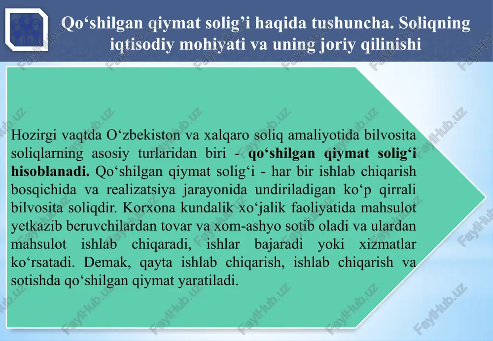 amalga oshiruvchi va (yoki) tovarlarni (xizmatlarni) realizatsiya qiluvchi yuridik shaxslar tushuniladi. jumladan: 9 1 o’zbekiston respublikasining yuridik shaxslari; 2 tovarlarni (xizmatlarni) realizatsiya qilishdan olingan daromadi soliq davrida bir milliard so’mdan oshgan yoxud ixtiyoriy ravishda qo’shilgan qiymat solig’ini to’lashga o’tgan yakka tartibdagi tadbirkorlar; 3 o’zbekiston respublikasi hududida tovarlarni (xizmatlarni) realizatsiya qiluvchi chet el yuridik shaxslari, agar tovarlarni (xizmatlarni) realizatsiya qilish joyi deb o’zbekiston respublikasi e’tirof etilsa; soliq to‘lovchilar tarkibi, soliq obyekti, soliq solish bazasi va soliq stavkalari qo‘shilgan qiymat solig‘ining to‘lovchilari bo‘lib, amaldagi soliq kodeksining 237-moddasiga muvofiq o’zbekiston respublikasida tadbirkorlik faoliyatini amalga oshiruvchi va (yoki) tovarlarni (xizmatlarni) realizatsiya qiluvchi yuridik shaxslar tushuniladi. jumladan: mazkur shaxslar bojxona to’g’risidagi qonun hujjatlariga muvofiq qo’shilgan qiymat solig’ini to’lovchilar deb e’tirof etiladi. 10 4 faoliyatni o’zbekiston respublikasida doimiy muassasalar orqali amalga oshiruvchi chet el yuridik shaxslari; 5 oddiy shirkat shartnomasi (birgalikdagi faoliyat to’g’risidagi shartnoma) doirasida amalga oshiriladigan faoliyat bo’yicha -oddiy shirkatning ishlarini yuritish vazifasi zimmasiga yuklatilgan …