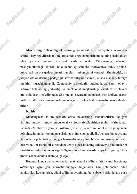 adqiqot natijalari asosida samaradorlikni oshirishga doir taklif va tavsiyalar berish. kurs ishining predmeti-bolalarning sahnalashtirish faoliyatiga ota-onalar ishtirokining pedagogik jarayonga ta’siri. kurs ishining obyekti-maktabgacha ta’lim tashkilotlarida sahnalashtirish faoliyatida ishtirok etayotgan bolalar va ota-onalar hamkorligi. kurs ishining metodologik asosi- jarayonida maktabgacha ta’lim psixologiyasi, pedagogik hamkorlik nazariyalari, shaxs rivojlanishi haqidagi ilmiy qarashlar, o‘zbekiston respublikasining maktabgacha ta’limga oid normativ-huquqiy hujjatlari, ilg‘or xorijiy va mahalliy pedagogik tajribalar metodologik asos bo‘lib xizmat qildi. shuningdek, kuzatish, suhbat, pedagogik tajriba, tahlil va taqqoslash kabi ilmiy metodlardan foydalanildi. kurs ishining tuzilmasi: mazkur kurs ishi kirish, 2 bob, 4 bo'lim, xulosa va foydalanilgan adabiyotlar ro'yxatidan iborat. i bob. sahnalashtirish faoliyati va uning pedagogik asoslari 1.1. sahnlashtirish faoliyatining mazmuni, maqsadi va bolalar rivojlanishidagi ahamiyati sahnlashtirish faoliyati bolalarning badiiy-ijodiy qobiliyatlarini rivojlantirishga xizmat qiluvchi muhim pedagogik jarayondir. ushbu faoliyat orqali bola matnni idrok etadi, obraz yaratadi, ularni jonlantiradi, nutqiy va emotsional ifodalanish ko‘nikmalarini shakllantiradi. sahnaga tayyorlanish, rollar taqsimoti, mimika, pantomima, nutqiy ifoda, sahna …