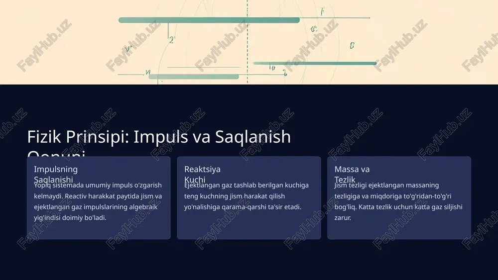 uqori temperaturaga chidamli va lightweight bo'lishadi. qaynaqni, yangi kimyoviy murakkabliklar va aerodinamik dizayn faktori muhim omillari hisoblanadi. xulosa: reaktiv harakatning ahamiyati 🔬 fizik asoslari nyuton qonunlari va impuls saqlanish qonuni har qanday reaktiv harakatning asosida yotadi. 🚀 texnologik rivojlanish kosmik sayyoralar, aviatsiya va sanoat — barchasi reaktiv harakatga asoslanib rivojlanmoqda. 🌍 tabiat va hayot mollyuskalar, baliqlar va boshqa organizmlar tabiatda reaktiv harakatdan foydalanadilar. 📚 kelajak imkoniyatlari yangi energiya manbalari va texnologiyalar reaktiv harakatning yangi qo'llanilishlarini ochib beracak. image1.png image2.png image3.png image4.png image5.png image6.png image7.png image8.png image9.png image10.png image11.png image12.png image13.png image14.png