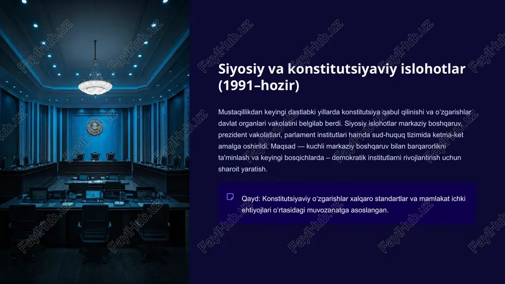 exanizmlar yaratildi. misol: davlat xarajatlarining samaradorligini baholash, investitsiya loyihalariga monitoring va jamoatchilik- xususiy sheriklik (ppp) modellarini kengaytirish. natijalar, o'lchovlar va xalqaro baholar islohotlar natijasida davlat xizmatlari samarasi oshdi, investitsion muhit yaxshilandi va raqamlashtirish jadal surʼat oldi. biroq ayrim sohalarda institutsional ishonch, sud mustaqilligi va hududlararo tengsizlik kabi muammolar saqlanib qolmoqda. xalqaro tashkilotlar (jahon banki, adb, usaid) tomonidan ham ijobiy baholar berilgan, lekin davomiy monitoring zarur. 2000 2020 2024 izoh: chartda iqtisodiy va raqamli ko'rsatkichlar misol tariqasida keltirilgan; tahlil uchun rasmiy statistik manbalarni qoʻshish tavsiya etiladi. kelajak yoʻnalishlari va tavsiyalar tavsiyalar: sud mustaqilligi va huquqiy ishonchni chuqurlashtirish uchun keyingi reformalarni amalga oshirish. hududlararo tengsizlikni kamaytirish maqsadida barqaror rivojlanish strategiyalarini ilgari surish. raqamli infratuzilmani mustahkamlash va ochiq ma'lumotlar ekotizimini kengaytirish. public-private partnership modellarini shaffof va samarali joriy etish. doimiy monitoring, ta'sirni baholash va xalqaro tajriba asosida siyosatlarni moslashtirish. xulosa: mustaqillik yillarida boshqaruv tizimidagi islohotlar muhim yutuqlar va qiyinchiliklarni birga olib keldi. kelajakda …