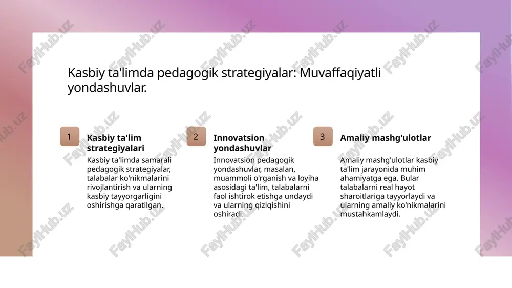 ayyorgarlikni kuchaytiradi. samaradorlik natijalari talabalar amaliy mashg'ulotlar orqali o'z ko'nikmalarini oshirib, ish joylarida yuqori samaradorlikka erishadilar. bu, o'z navbatida, kasbga tayyorlikni yaxshilaydi. o'qitish jarayonida zamonaviy texnologiyalarni qo'llash: tajribalar va natijalar. 01 zamonaviy texnologiyalar zamonaviy texnologiyalar, masalan, interaktiv doskalar va virtual simulyatsiyalar, o'qitish jarayonini samarali va qiziqarli qilmoqda. 02 o'qitish samaradorligi texnologiyalarni qo'llash, talabalarning o'zaro aloqasini va o'qitish samaradorligini oshiradi, bu esa natijada bilimlarning mustahkamlanishiga olib keladi. 03 ta'limda innovatsiyalar innovatsion texnologiyalar, masalan, onlayn platformalar, talabalarga o'z vaqtida va joyida o'qish imkonini beradi, ta'lim jarayonini yanada qulaylashtiradi. 04 tajribalar va natijalar o'zbekistondagi kasbiy ta'lim muassasalarida zamonaviy texnologiyalarni qo'llash bo'yicha tajribalar, talabalar ko'nikmalarini sezilarli darajada rivojlantirganini ko'rsatmoqda. individual yondashuv: o'quvchilarning ehtiyojlariga mos metodologiyalar. o'quvchilarni tanlash o'quvchilarning ehtiyojlariga mos metodologiyalarni tanlash, har bir talabani individual rivojlantirish va o'ziga xos qobiliyatlarini hisobga olish zarur. o'qitish yondoshuvi individual yondashuvda o'qitish yondoshuvini o'zgartirib, har bir talabaga shaxsiy qiziqishlari va ehtiyojlari bo'yicha ta'lim berish muhimdir. natijalar va …