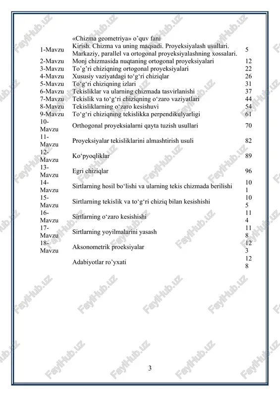 aqsadi. chizma geometriya umumiy geometriyaning bir shoxobchasi bo‘lib, u narsalarni tasvirlash usullari yordamida ularning shakllari, o‘lchamlari va o‘zaro joylashishlariga tegishli pozision va metrik masalalarni yechishni o‘rganadi. chizma geometriya boshqa geometriyalardan o‘zining asosiy usuli tasvirlash usuli bilan farq qiladi va u matematika fanlari bilan uzviy bog‘liq bo‘lib, umumtexnika fanlaridan hisoblanadi. u o‘zining tasvirlash usullari yordamida o‘quvchining fazoviy tasavvurini kengaytiradi. tasvirlarni yasash va oldindan yasalgan tasvirlarni o‘qiy bilish, hamda amaliyotdagi turli muhandislik masalalarini yechishga yordam beradi. chizma geometriya qonun va qoidalari bilan nafaqat mavjud narsalarni, balki tasavvur qilinadigan narsalarni ham tasvirlashi mumkin. fazodagi shakllarning tekislikdagi chizmalari chizma geometriya usullari bilan ma’lum qonun-qoidalar asosida hosil qilinadi. bu chizmalar orqali buyumning fazoviy shaklini chizish va o‘lchamlarini aniqlash mumkin. chizmalar yordamida geometrik shakllarga tegishli stereometrik masalalar yechiladi. chizmalarsiz fan va texnika taraqqiyotini tasavvur qilib bo‘lmaydi. arxitektorlar va muhandislar o‘z ijodiy fikrlarini faqat chizmalar yordamida to‘liq bayon eta oladilar. chizmalar bo‘yicha barcha muhandislik inshootlari quriladi, mashinalar, …