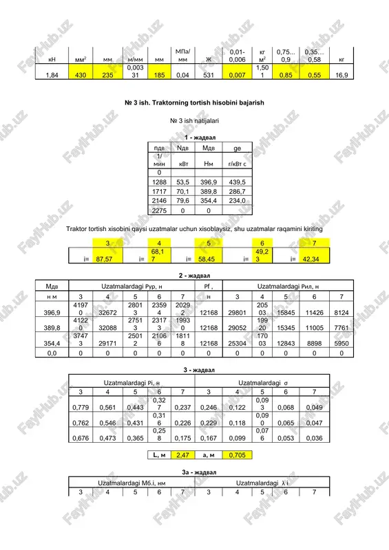 r ko'rsatkichlarini xisoblash gyo vh pe wp.ur pm pi ηm ηi nil ril rur rf kg/soat l mpa m/s mpa mpa kvt n n n 14,2 1,19 0,685 9,2 0,215 0,900 0,76 0,47 29,2 14937 21295 6358 mdv ri σ λ i mb.i vn vx hm km/s km/c 258,7 0,752 0,219 0,885 15780 9,02 7,04 traktor nn nn d s ge ηe gtr ηt ηm ηf ηδ kvt 1/min mm mm g/kvt s kg prototip 59,6 2200 110 125 238 0,36 3740 0,490 0,895 0,701 0,781 hisoblangan 79,6 2146 109 124 234 0,36 7158 0,463 0,895 0,583 0,887 indikator diagramma uchun jadval t.v. b.b xajm o'zgarishi bosim o'zgarishi kiritish siqish yonish kengayish chiqarish grad mm 0 8,3 3 143 143 214 3 0 8,3 3 143 214 214 3 10 9,5 3 119 214 214 3 20 13,2 3 76 214 214 3 20 13,0 3 77 218 3 30 …