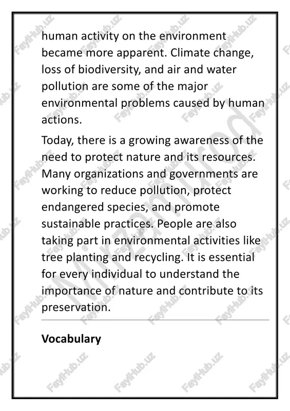 bstances to the environment d. capable of being maintained over time e. a biological community of interacting organisms exercise 5: short essay write a short essay (5-7 sentences) on "why we should protect nature." 15 multiple-choice test questions 1. what is the main cause of climate change? a) pollution b) deforestation c) human activities d) natural processes 2. what does biodiversity refer to? a) the amount of oxygen in the air b) the variety of life in a habitat c) the effects of climate change d) the destruction of forests 3. what is the primary source of pollution in urban areas? a) natural disasters b) human activities c) endangered species d) climate change 4. which of the following is an example of a renewable resource? a) coal b) solar energy c) petroleum d) natural gas 5. what is an example of sustainable practice? a) using disposable plastics b) recycling materials …