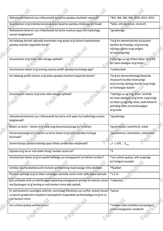 an jarayonlarining qaysi birlarini kontaktli suffoziya deb yuritish mumkin) ? *kontaktli filtratsiyali siqib chiqarilishi gidrotexnik betonni suv o‘tkazmaslik bo‘yicha qanday markalari mavjud? *w2, w4, w6, w8, w10, w12, w14. gravitatsion to‘g‘onlarda konstruksiyasi boyicha qanday choklarga bo‘linadi. *tekis, shtrabisimon, sharnirli gidrotexnik betonni suv o‘tkazmaslik bo‘yicha markasi qaysi ko‘rsatkichiga asosan belgilanadi? *gradientga ko‘ndalang kesimli iqtisodiy tomondan eng qulay to‘g‘onlarni loyixalashda qanday shartlar bajarilishi kerak? *to‘g‘on elementlarida chuzuvchi kuchlar bo‘lmasligi, to‘g‘onning siljishga qarshi turg‘unligini ta’minlanganligi gravitatsion to‘g‘onlar deb nimaga aytiladi? *siljishiga uz og‘irliklari bilan ?arshilik ko‘rsata oladigan to‘g‘onlar gravitatsion beton to‘g‘onning nazariy profili qanday kurinishga ega? *uchburchak ko‘ndalang profili ixcham to‘g‘onlar qanday shartlarni bajarishi kerak? *to‘g‘on elementlaridagi betonda chuzuvchi kuchlar bulmasligi: to‘g‘onning siljishga karshi turg‘unligi ta’minlangan bulishi gravitatsion massiv to‘g‘onlar deb nimaga aytiladi? *siljishga uz og‘irligi bilan ?arshilik ko‘rsata oladigan to‘g‘onlar turg‘unligi va fakat uz og‘irligi bilan, balki betonni pishikligi bilan ta’minlanadigan to‘g‘onlar gidrotexnik betonni suv o‘tkazmaslik bo‘yicha sinfi qaysi ko‘rsatkichiga asosan belgilanadi? …