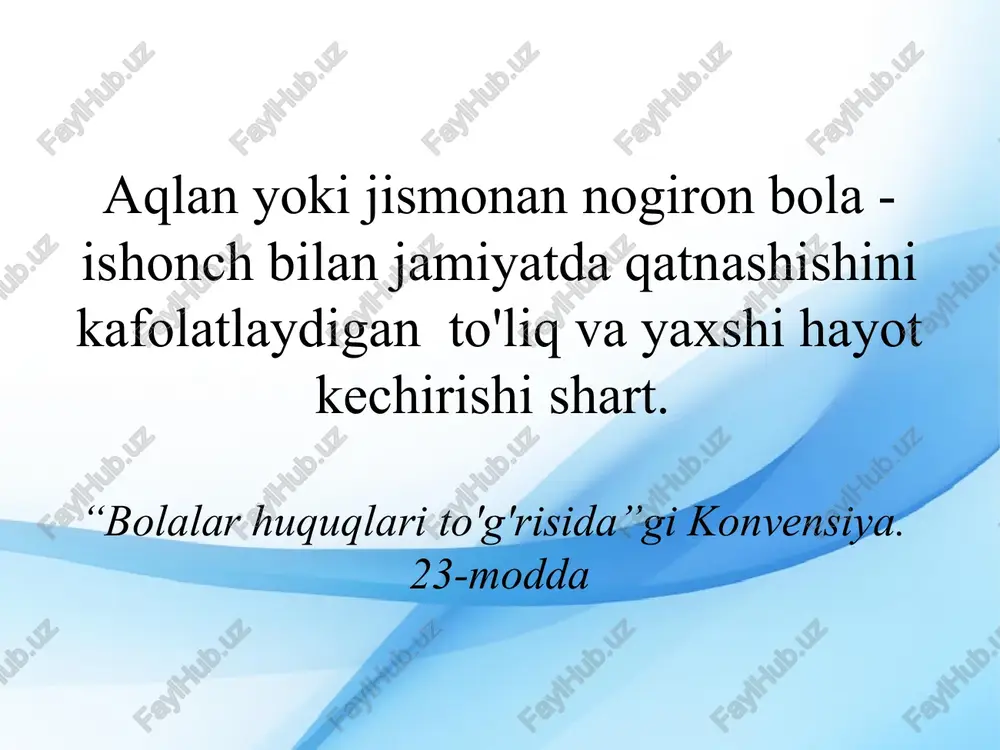 yillari individual yondashuv tamoyili alohida yordamga muhtoj bolaning taʼlim olishga boʻlgan individual ehtiyojlarini eʼtiborga olgan holda taʼlim va tarbiyaning shakl, metod va vositalarini tanlashni nazarda tutadi bolaning mustaqil faolligini qo'llab-quvvatlash tamoyili ijtimoiy jihatdan faol shaxsni shakllantirish vazifasini hal etishni nazarda tutadi 21 ta'lim jarayoniga uning barcha ishtirokchilarini faol kiritish tamoyili samarali o'zaro faoliyatga erishish maqsadida bir-birini tushunish va qabul qilish uchun sharoitlarni yaratishni nazarda tutadi fanlararo yondashuv tamoyili alohida yordamga muhtoj bolalarning individual tavsiflarining xilma-xilligi ta'lim va tarbiyaning metod va vositalarini belgilash va ishlab chiqishda kompleks fanlararo yondashuvni talab etishini nazarda tutadi ta'lim va tarbiya jarayonini tashkil etishdagi variativlik tamoyili variativ rivojlantiruvchi muhitni yaratishni (zaruriy rivojlantiruvchi va didaktik qo'llanmalar, ta'lim vositalari, to'siqlardan holi muhitni, ta'lim va tarbiyaning variativ uslubiy bazasi) nazarda tutadi oila bilan o'zaro hamkorlik tamoyili mutaxassis pedagoglarning vazifasi bolalarning ota-onalari yoki ularning yaqinlari bilan o'zaro ishonchga asoslangan hamkorlikni o'rnatish, bolani qo'llab-quvvatlashga yo'naltirilgan o'zaro hamkorlik borasida kelishuvni amalga oshirishdan …