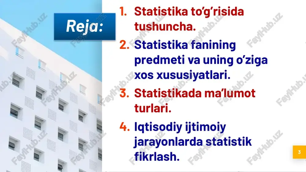 t aholisi, iqtisodiy va siyosiy ahvoli haqidagi ma'lumotlar statistik axborotlar deb yuritilgan. statistika to’g’risida tushuncha. 6 statistika iqtisodiy fanlar tizimida bazaviy fanlardan biri hisoblanadi “statistika” soʼzi ilmiy atama sifatida birinchi marta xviii asr oʼrtalarida nemis olimi gotfrid axenval (1719-1772 yy.) tomonidan kiritilgan. statistika to’g’risida tushuncha. 7 g.axenvalning fikricha statistika fani - davlatlarning siyosiy holati va diqqatga sazovar joylarini oʼrganadi va davlatshunoslik fanining bir boʼlagi boʼlib hisoblanadi. statistika faniga bunday qarash hozirgi qarashlardan ancha farqlanadi. hozirgi statistika fani maqomiga ingliz siyosiy arifmetiklarining qarashlari ancha yaqin. ularning namoyondalari djon graunt (1620-1674 yy.) va uilyam petti (1623-1687 yy.) faktlarni jamlab va tahlil qilib, jamiyatning holati va rivojini raqamlar yordamida ifodalab, ommaviy maʼlumotlarda ijtimoiy voqea va hodisalarning qonuniyatlarini koʼrsatishga uringanlar. statistika to’g’risida tushuncha. 8 statistika deganda nima tushuniladi: statistika deganda mamlakatning iqtisodiy va ijtimoiy rivojlanishi haqida ma’lumotlarni to’plovchi, umumlashtiruvchi va chop qiluvchi organ, ya’ni statistika organlari tushuniladi. statistika deganda biror-bir hodisa haqidagi raqamlar yig’indisi …