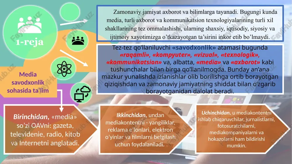 i o’rganish orqali yaxshiroq rivojlanadi xavfsizlik ko’nikmalari murakkab vaziyatlardan chiqish va ularni oldini olish qobiliyatida namoyon bo’ladi. virtual makondan xavfsiz foydalanish, shaxsiy makonni himoya qilish hamda zararli kontent va muloqotdan voz kechishni nazarda tutadi 1-reja media va boshqa axborot xizmatlari (kutubxonalar, arxivlar va internet) barcha mintaqalarda axborot to‘laqonligini nazarda tutgan holda insonlar qaror qabul qilishida muhim vosita sifatida tan olingan inson huquqlari umumjahon deklaratsiyasining 19-moddasida ko‘rsatilishicha, “har bir inson e’tiqod erkinligi va uni erkin ifoda etish huquqiga ega. ushbu huquq o‘z e’tiqodiga to‘siqsiz tarzda sodiq bo‘lish hamda axborot va g‘oyalarni har qanday vositalar bilan har qanday davlat chegaralaridan qat’iy nazar izlash, olish va tarqatish erkinligini o‘zida mujassam etadi”. 1982-yilda qabul qilingan gryunvald deklaratsiyasi bilan ham belgilanadi. unda siyosiy va ta’lim tizimlari fuqarolarda kommunikatsiya fenomeni tushunchasini rivojlantirishda va ularning oav va (an’anaviy va yangi) kommunikatsiyalarda ishtirok etishini rag‘batlantirish ko‘rsatib o‘tilgan 2005-yilda qabul qilingan aleksandriya deklaratsiyasida o‘z rivojini topib, unda media va …