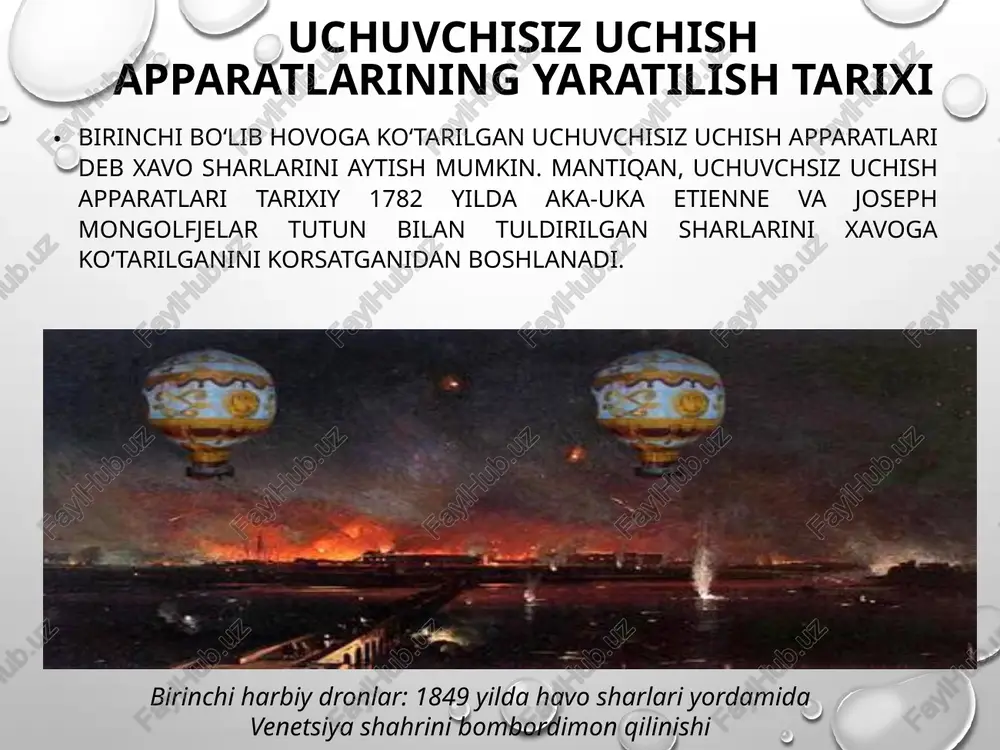 i havoga qaraganda suvda oldinroq boshlangan. xix asr oxirida, aniqrog'i, 1899 yilda, ixtirochi, fizik va muhandis nikola tesla dunyodagi birinchi radioto'lqin yordamida boshqariladigan kemani ommaga namoyish etdi va ilm fan sohasida ob'ektni masofadan turib boshqarish sohasini rivojlanishiga turtki berdi. birinchi kvadrokopterlar kvadrokopterlarni yaratish tarixi vertolyot yaratilishidan ham oldinroq, ya'ni 1920-yillarda boshlangan. bir-biridan mustaqil ravishda, kelib chiqishi rossiyalik bo'lgan amerikalik konstruktor georgi botezat va frantsuz muhandisi etien emichen bu g'oya ustida ishlashdi-ularning har biri to'rtta balkada alohida joylashgan aylanuvchi parrakdan iborat uchish qurilmasini o'ylab topdilar. birinchi kvadrokopterlar bu, ayniqsa, birinchi jahon urushi bo'layotgan vaqtlarda bunday mashinalarga harbiy soha vakillari qiziqib qolgan edi va ular tomonidan shunday uchish apparatlarini yaratish uchun juda katta mablag'lar yo'naltirildi. birinchi uchuvchisiz uchish apparati, dronlarni kim ixtiro qilgan, buni aytish qiyin, bunday o'zgarishlar o'sha paytda barcha rivojlangan mamlakatlarda amalga oshirildi, lekin bu turdagi birinchi uchuvchisiz uchish apparati germaniya tomonidan eng birinchi kichik partiyada ishlab chiqarilgan uchuvchisiz bombardimonchi …