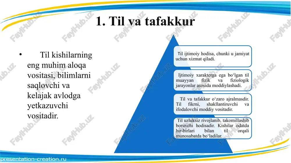 zbekiston respublikasi prezidenti 2019-yil 21-oktabrda “o‘zbek tilining davlat tili sifatidagi nufuzi va mavqeyini tubdan oshirish chora-tadbirlari to‘g‘risida”gi pq-5850-son qarorni imzoladi. 2020-yil 10-aprel kuni o‘zbekiston respublikasi prezidenti shavkat mirziyoyev “o‘zbek tili kunini belgilash to‘g‘risida”gi qonunni imzoladi. qonun 2 ta moddadan iborat. qonun oliy majlis qonunchilik palatasi tomonidan 2020-yil 23-martda qabul qilingan, senat tomonidan 24-mart kuni ma’qullangan. 1- moddaga asosan, 21-oktabr o‘zbek tili bayrami kuni etib belgilandi. 2-moddaga ko‘ra, qonun rasman e’lon qilingan kundan boshlab kuchga kiradi. davlat tilini rivojlantirish departamenti tuzilmasi …. o‘zbekiston respublikasi bosh vaziri departament mudiri davlat tilini rivojlantirish va davlat tili to‘g‘risidagi qonun hujjatlari ijrosini monitoring qilish bo‘limi mudiri atamashunoslik va toponimik obyektlarga nom berish faoliyatini muvofiqlashtirish bo‘limi mudiri davlat tilini rivojlantirish masalalari bo‘yicha bosh mutaxassis davlat tili to‘g‘risidagi qonun hujjatlari ijrosini monitoring qilish masalalari bo‘yicha bosh mutaxassis atamashunoslik va toponimika sohasida qonun hujjatlari ijrosini monitoring qilish masalalari bo‘yicha bosh mutaxassis toponimik obyektlarga nom berish masalalari bo‘yicha bosh …
