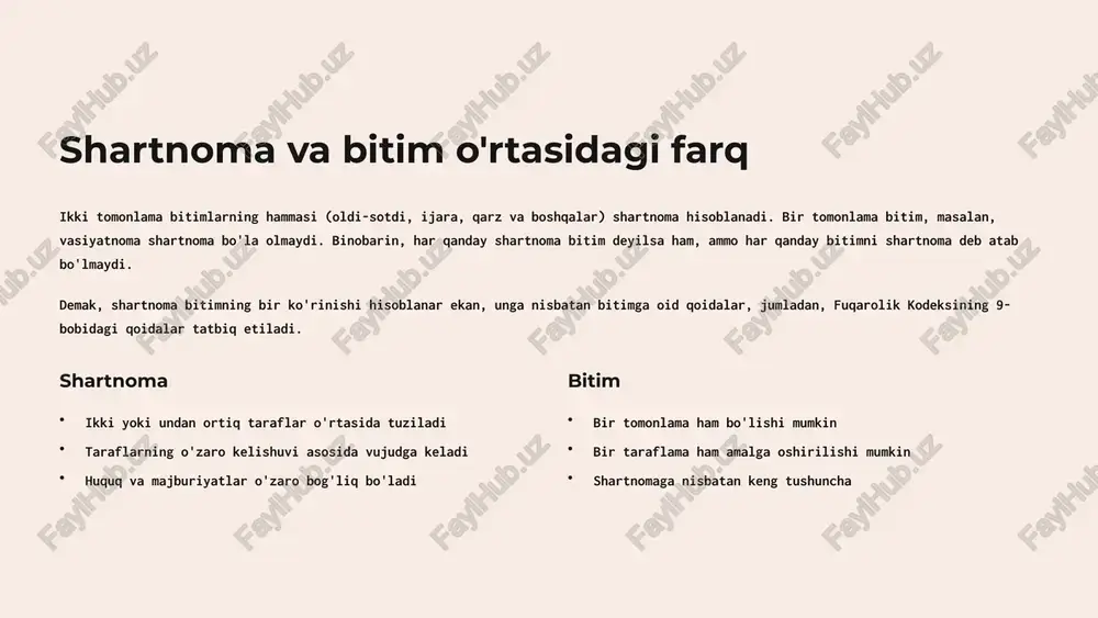 qarz shartnomasida qarzdor olgan pul summasini o'z vaqtida qaytarish majburiyatiga ega, qarz beruvchi esa qarzga bergan pul summasini talab qilish huquqiga ega. ikki tomonlama shartnomalar har ikki taraf ham mustaqil huquq va majburiyatga ega bo'ladi. masalan, oldi-sotdi, ijara, pudrat shartnomalari. ko'p tomonlama shartnomalar uch va undan ortiq taraflar ishtirok etadi. masalan, oddiy shirkat, ta'sis shartnomalari. 6 ikki tomonlama shartnomalar ikki tomonlama shartnomada har ikki taraf ham mustaqil huquq va majburiyatga ega bo'ladi. bunday shartnomaga oldi-sotdi shartnomasini misol qilib keltirish mumkin. bu shartnoma bo'yicha sotuvchi sotilgan ashyoning bahosini talab qilish huquqiga ega bo'lib, sotilgan ashyoni oluvchiga topshirishga majbur, oluvchi esa, olayotgan ashyoning bahosini to'lashi zarur bo'lib, sotib olingan ashyoni talab qilib olishga haqli. sotuvchining huquq va majburiyatlari sotilgan ashyoning bahosini talab qilish huquqi sotilgan ashyoni oluvchiga topshirish majburiyati sifatli tovar topshirish majburiyati xaridorning huquq va majburiyatlari sotib olingan ashyoni talab qilib olish huquqi ashyoning bahosini to'lash majburiyati ashyoni qabul qilish majburiyati …