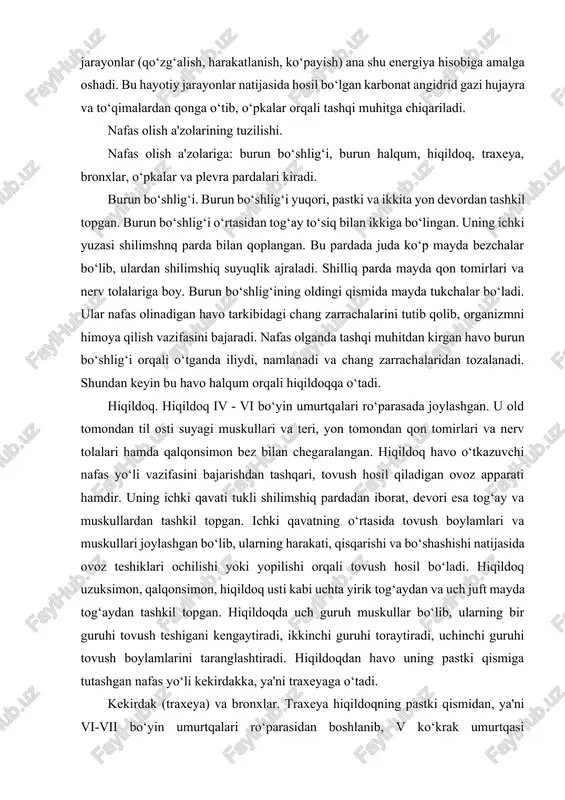 adi, uchinchi guruhi tovush boylamlarini taranglashtiradi. hiqildoqdan havo uning pastki qismiga tutashgan nafas yo‘li kekirdakka, ya'ni traxeyaga o‘tadi. kekirdak (traxeya) va bronxlar. traxeya hiqildoqning pastki qismidan, ya'ni vi-vii bo‘yin umurtqalari ro‘parasidan boshlanib, v ko‘krak umurtqasi ro‘parasigacha davom etadi va shu joyda o‘ng va chap bronxlarga bo‘linadi. uning uzunligi odamming bo‘yiga qarab, 9-13 sm gacha yetadi. traxeyaning devori 16-20 ta yarim aylanasimon tog‘aylar va paylardan orqa qismi esa silliq muskullardan iborat. traxeyaning ichki qavati tuksimon shilliq pardadan tashkil topgan bo‘lib, unda mayda bezchalar joylashgan. ulardan ajralgan suyuqlik havoni namlab o‘tkazadi. tuksimon silliq parda esa havodagi chang zarrachalarini ushlab qolib, tashqariga chiqarib yuboradi. bronxlar v-ko‘krak umurtqasi ro‘parasida traxeyaning ikkiga (o‘ng va chap bronxlarga) bo‘linishidan hosil bo‘ladn. bronxlar o‘pka to‘qimasiga kirib, huddi daraxt shohiga o‘xshab, juda ko‘p mayda bronxchalarga tarmoqlanadi va bora-bora alveola pufakchalarini hosil qiladi. traxeya va bronxlar nafas yo‘li hisoblanib, ular havoni ilitib, namlab, mayda chang zarrachalaridan tozalab, o‘pka alveolalariga o‘tkazadi. …